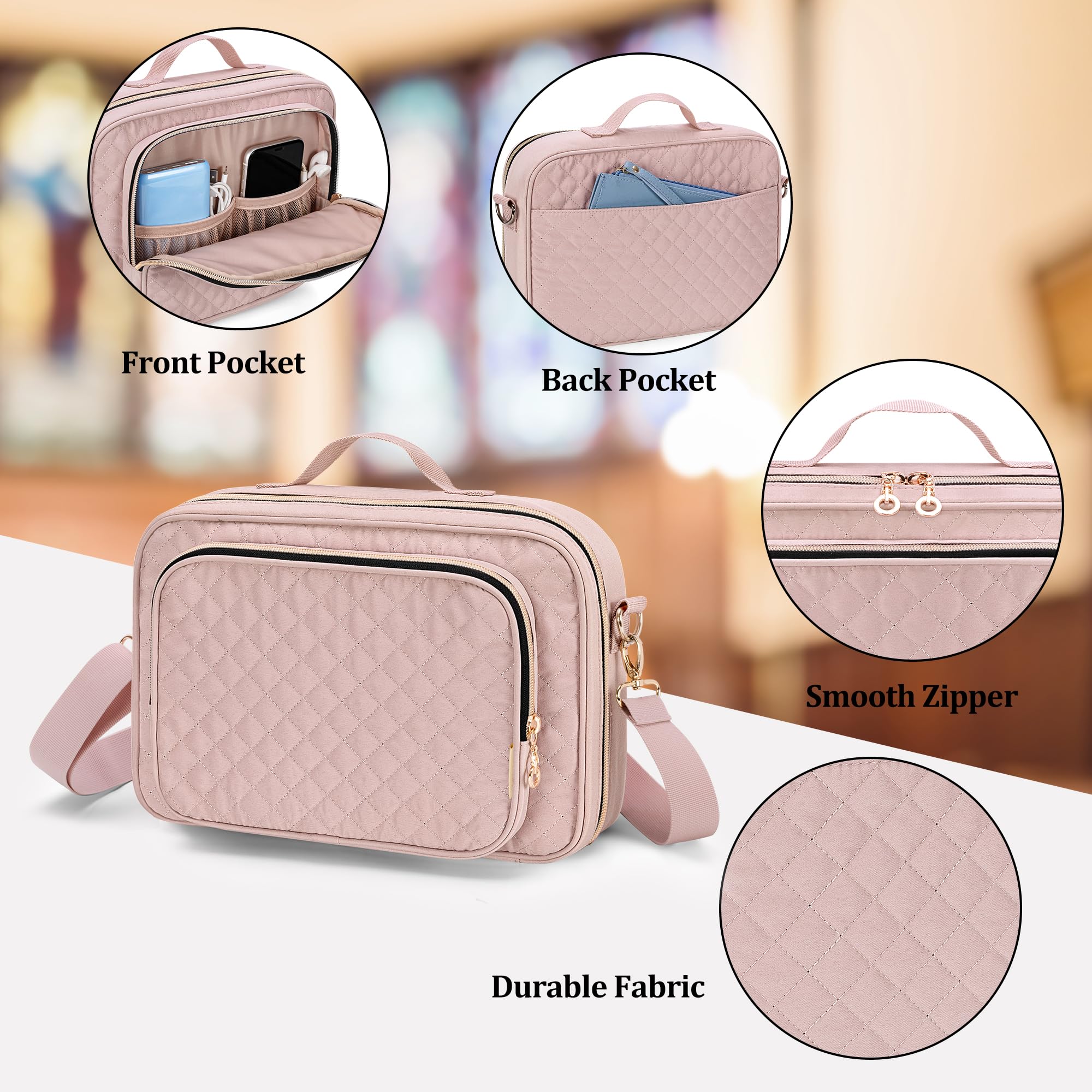 Teamoy Large Bible Cover for Men & Women - Quilted Church Book Bag with Shoulder Strap & Detachable Pen Slots (Pink) - Perfect for Sunday Service, Bible Study & Travel