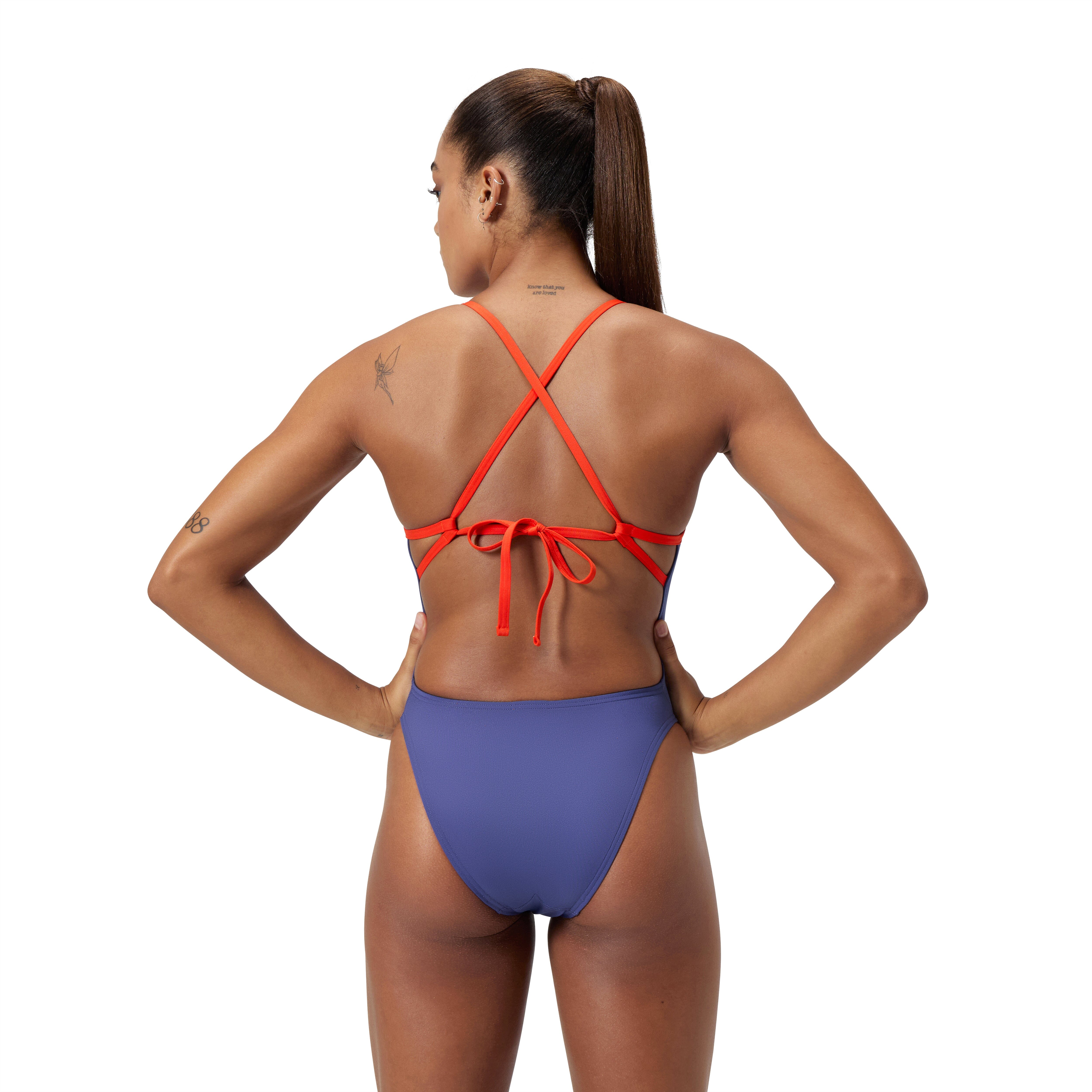 Speedo Tie Back Women’s One Piece Swimsuit - Hapuna Blue & Red - Perfect for Swimming, Beach Vacations & Water Sports