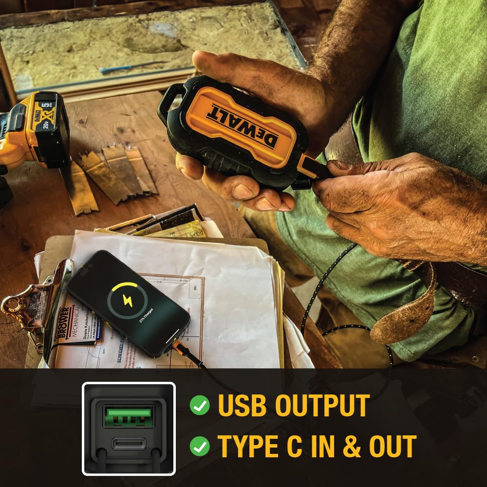 DEWALT 10,000mAh Portable Charger Power Bank with USB-C - Fast Charging for iPhone 16/16 Plus/16 Pro/16 Pro Max, iPhone 15 Series, iPhone 14/13, Samsung Galaxy - Perfect for Travel, Camping & Emergency Power Backup