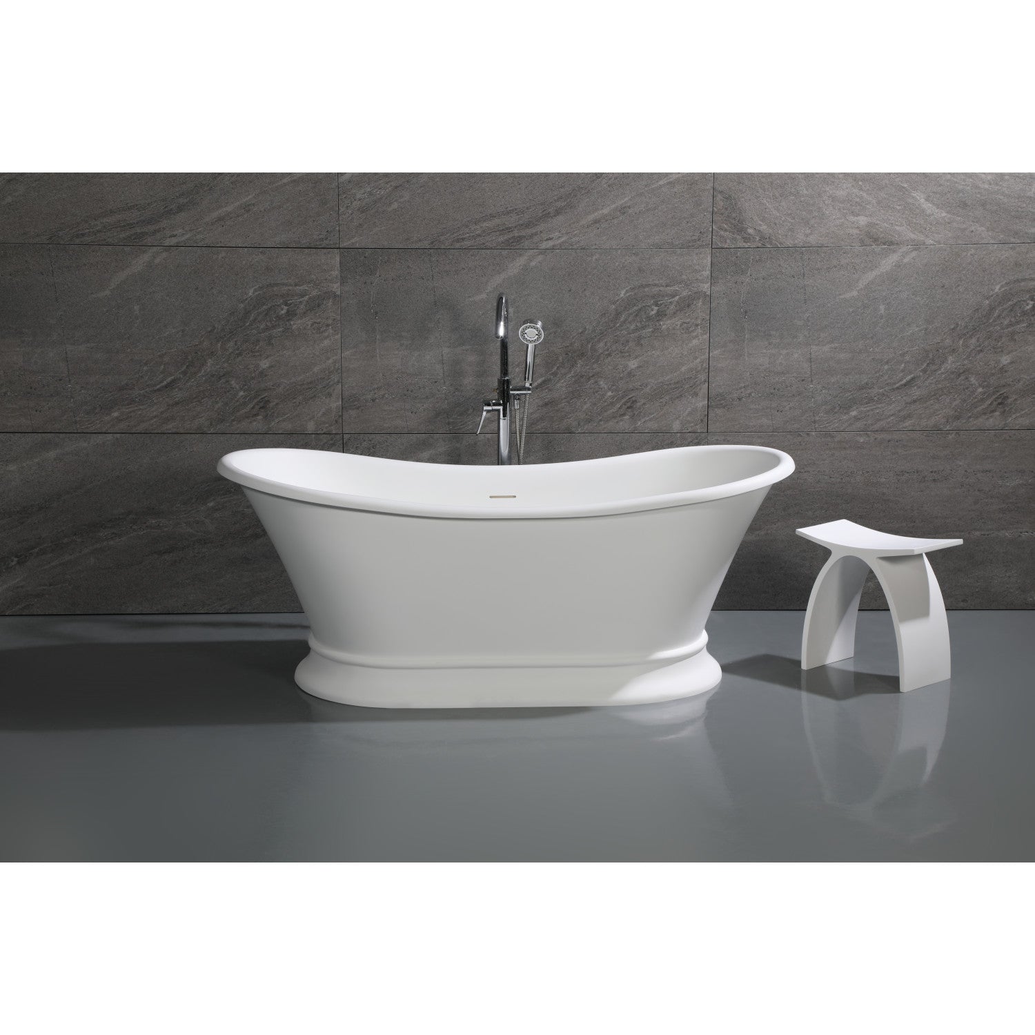 Arcticstone VRTDS683027 68-Inch Matte White Oval Double Slipper Pedestal Bathtub - Solid Surface Freestanding Soaking Tub with Drain (No Faucet Holes) - Perfect for Master Bathroom Luxury Spa Retreat