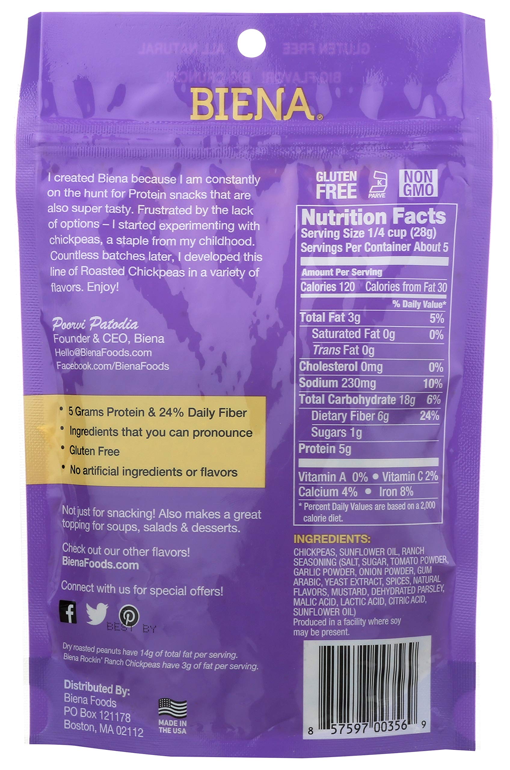 BIENA Crunchy Roasted Chickpea Snacks - High Protein Vegan Snack with Fiber for Adults & Kids - 5oz Pack - Rockin' Ranch Flavor - Perfect for On-the-Go, School Lunches & Healthy Snacking