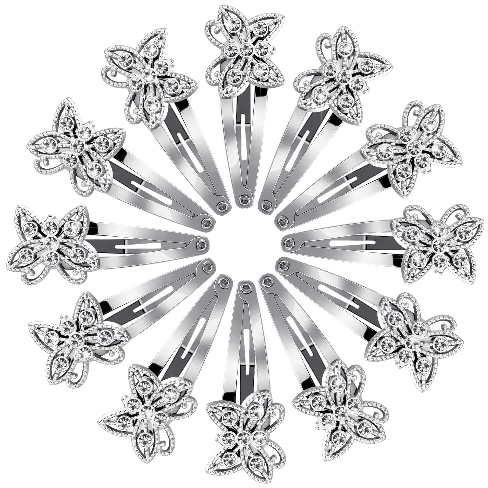 Jexine 12-Piece Silver Butterfly Rhinestone Hair Clips Set - Elegant Barrettes for Women & Girls - Shining Hair Accessories for Weddings, Parties & Everyday Styling