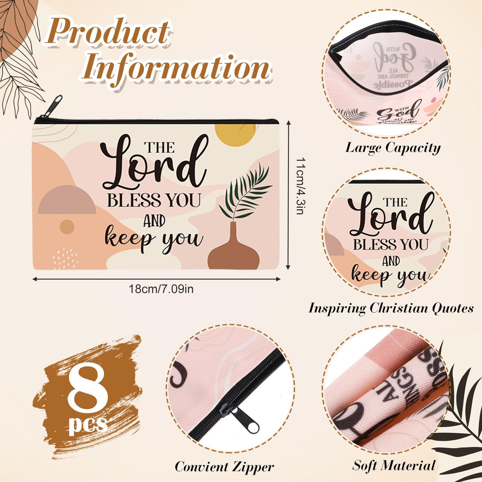 8 Pcs Christian Makeup Bags with Bible Verses - Religious Gifts for Friends