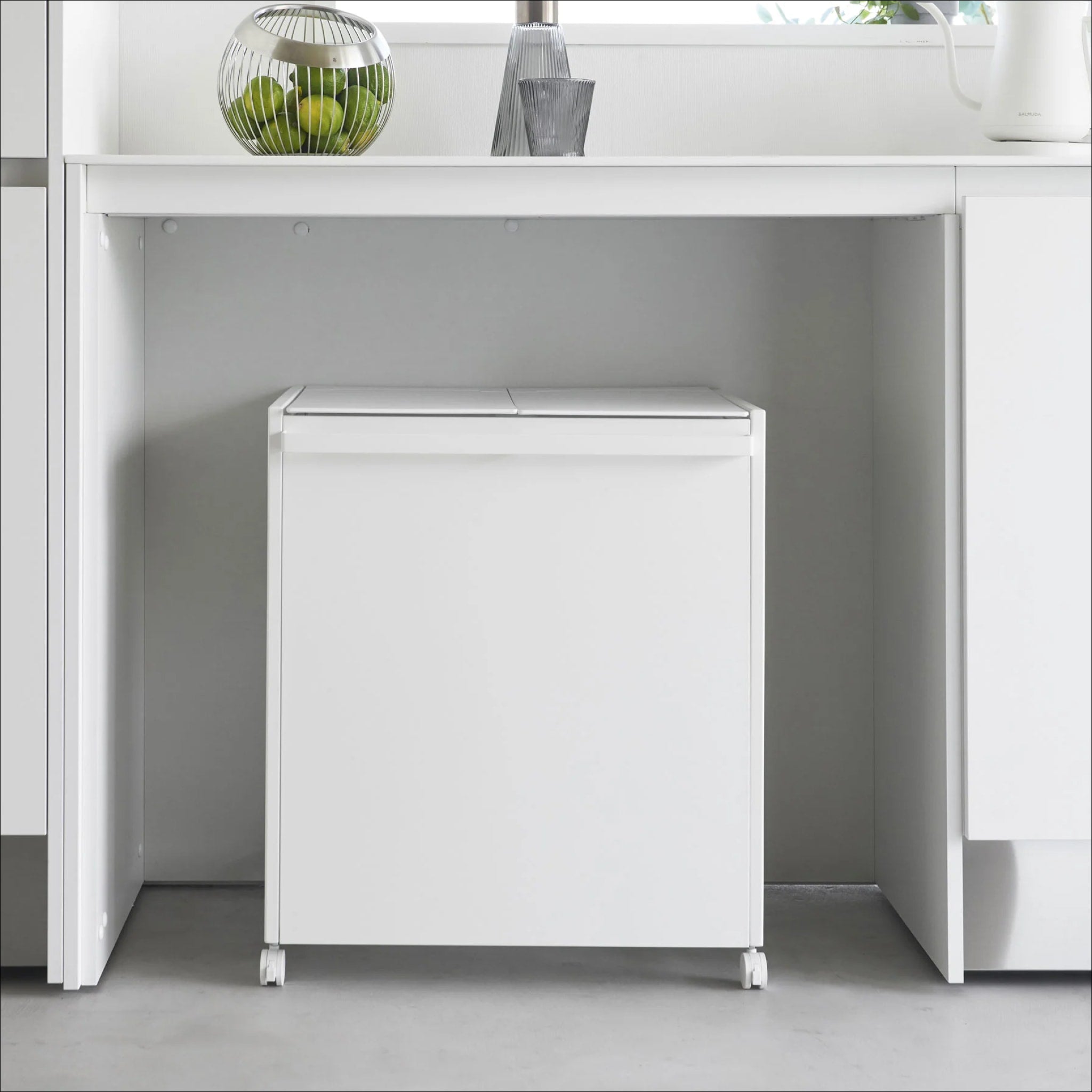 YAMAZAKI 2-Compartment Rolling Trash Can with Wheels for Kitchen & Office Recycling - White, Space-Saving Waste Bin for Home & Office Organization