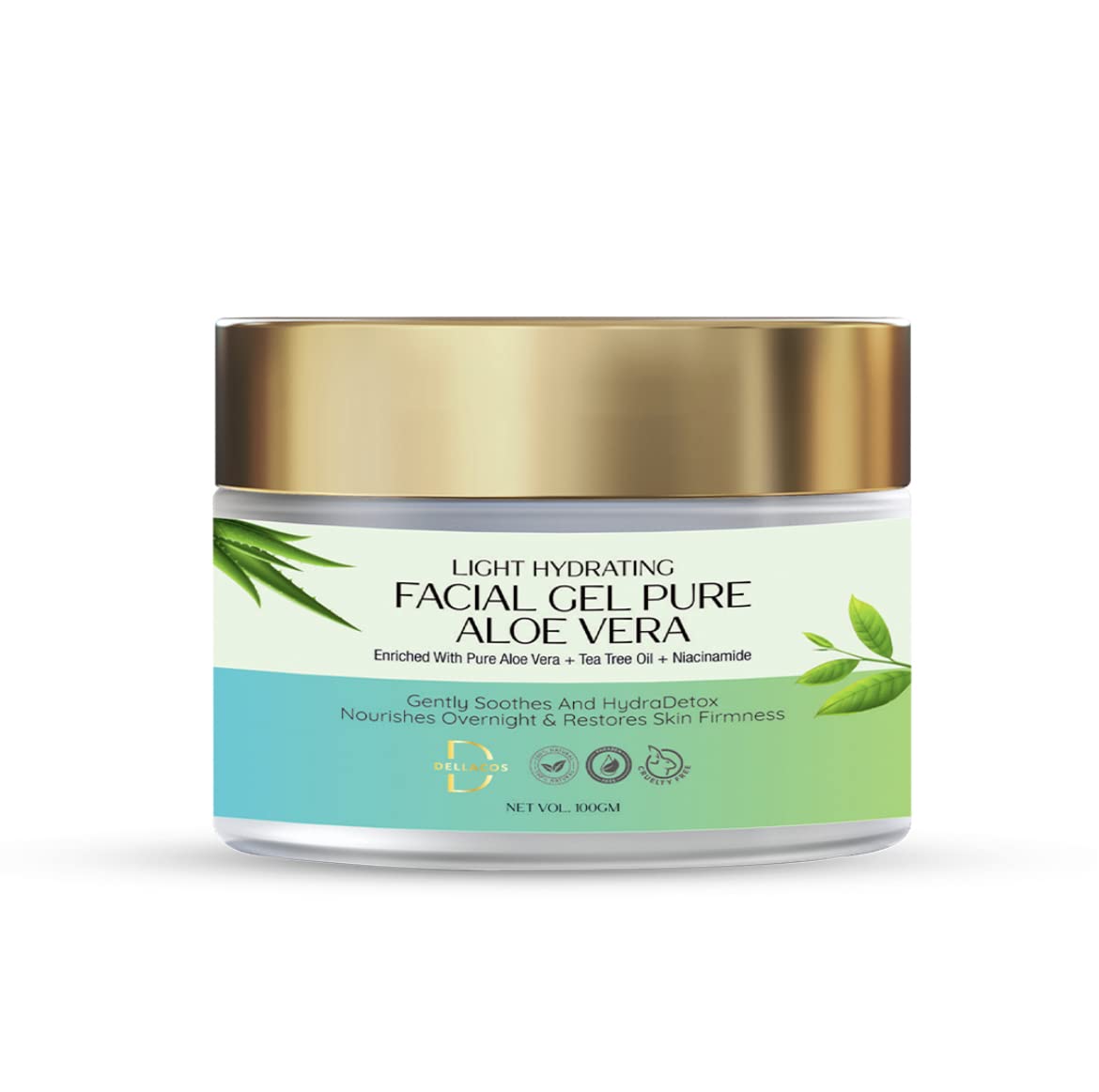 Dellacos Hydrating Aloe Vera Face Gel with Tea Tree Oil & Niacinamide | Soothing Night Repair Gel for Dry & Sensitive Skin | Overnight Nourishment | 100g | Perfect for Post-Sun Care & Nighttime Skincare Routine