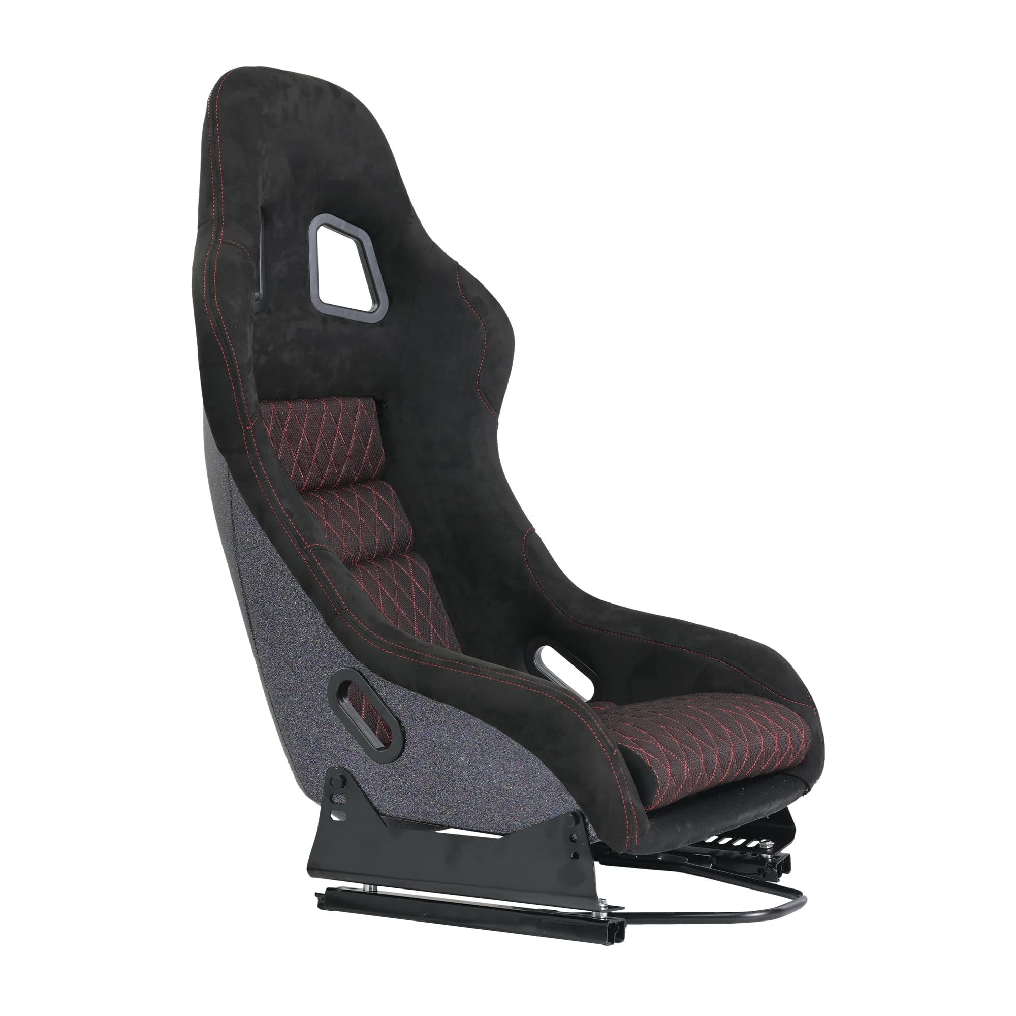 Universal Silver Glitter Fiberglass Racing Bucket Seat - Size L, Red Stitch Mesh Fabric with Dual Lock Sliders | Lightweight & Durable for Sports Cars, Drifting, Track Racing & Gaming Simulators