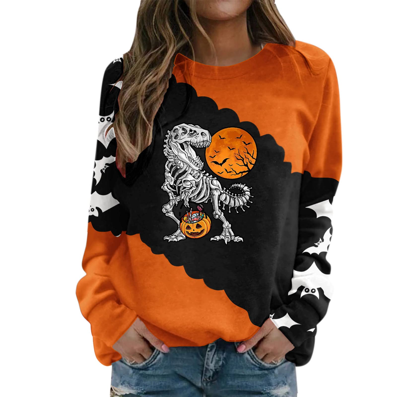 BEUU Women's Halloween Pumpkin Print Sweatshirt - Cozy Crewneck Pullover Long Sleeve T-Shirt | Casual Loose Fit Jumper for Fall, Thanksgiving & Autumn Parties