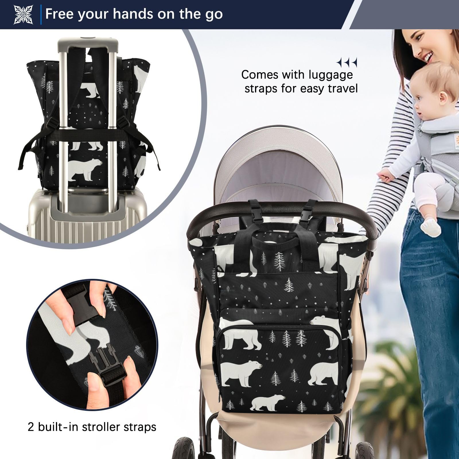 Waterproof Polar Bear Black Diaper Backpack - Large Capacity Baby Bag with Insulated Pockets & Stroller Straps for Travel, Daycare & Outings - Unisex Design for Women, Men, Moms, Boys & Girls - One Size Fits All