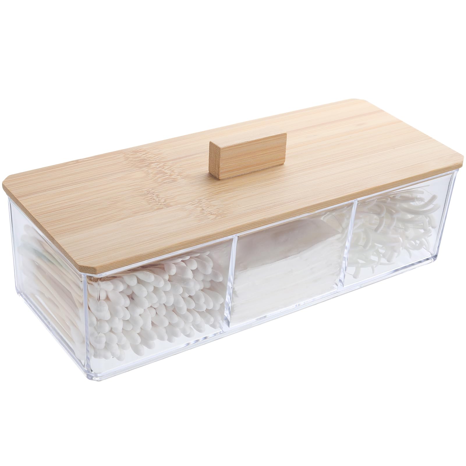 Clear Acrylic Qtip Holder with Lid - 3 Compartments for Cotton Balls & Swabs | Bathroom & Makeup Organizer