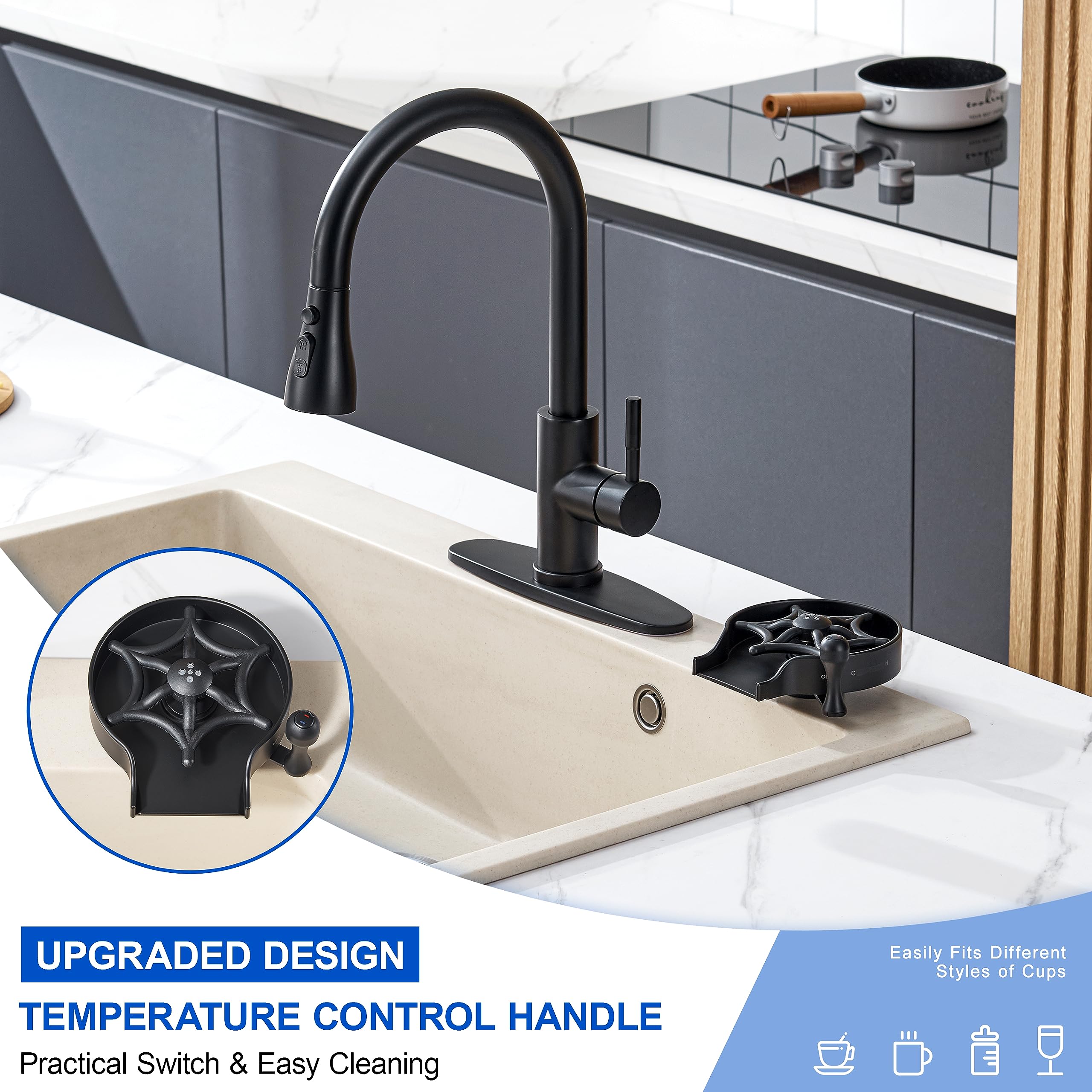 Premium Matte Black Kitchen Sink Glass Rinser - Hot & Cold Water Switching Cup/Bottle Washer for Bar, Restaurant & Home Use - Fast Automatic Flushing Faucet Cleaner for Wine Glasses, Coffee Mugs & Baby Bottles