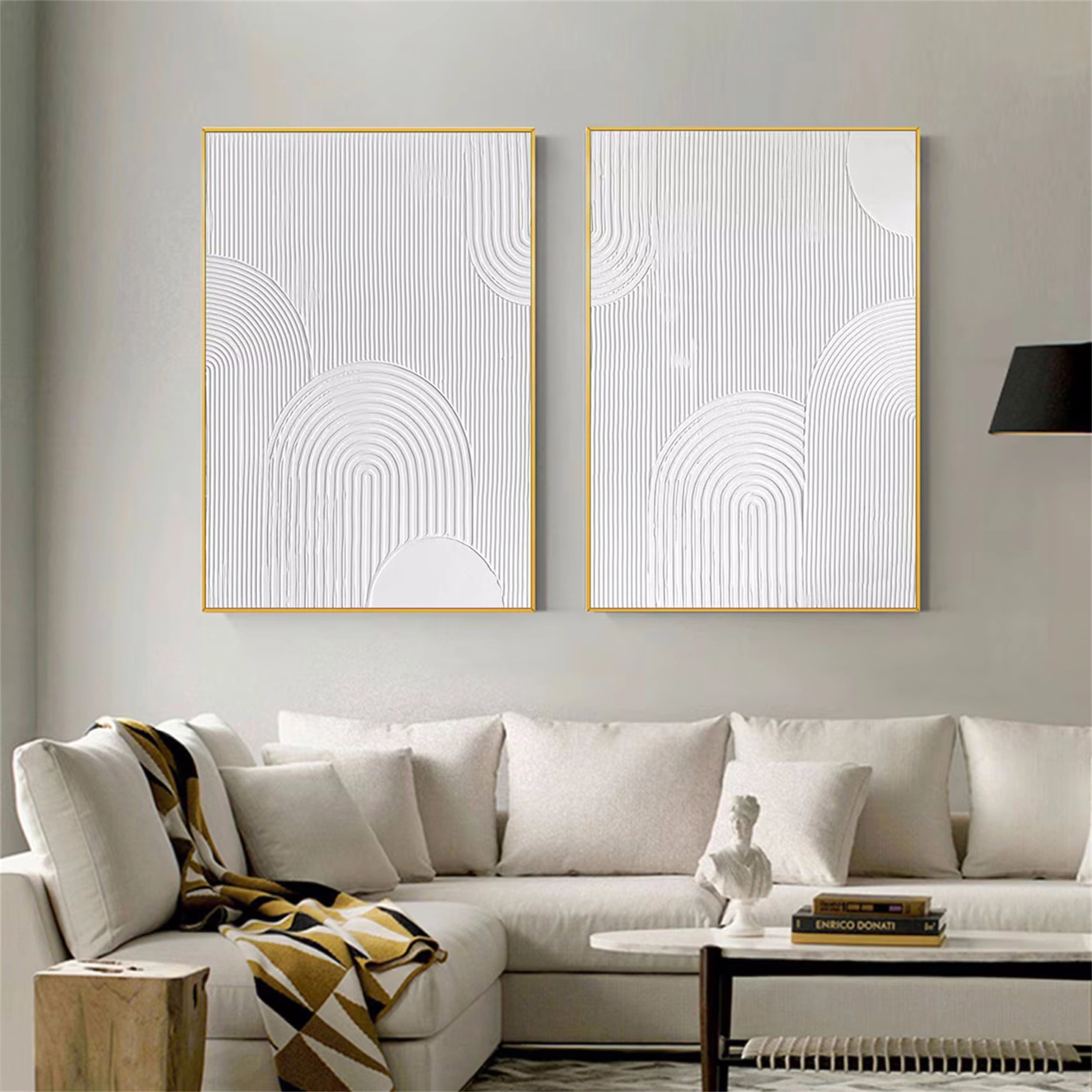 Modern White Minimalist Textured Canvas Wall Art Set of 2 - Abstract Handmade Paintings for Living Room & Bedroom Decor #MM150