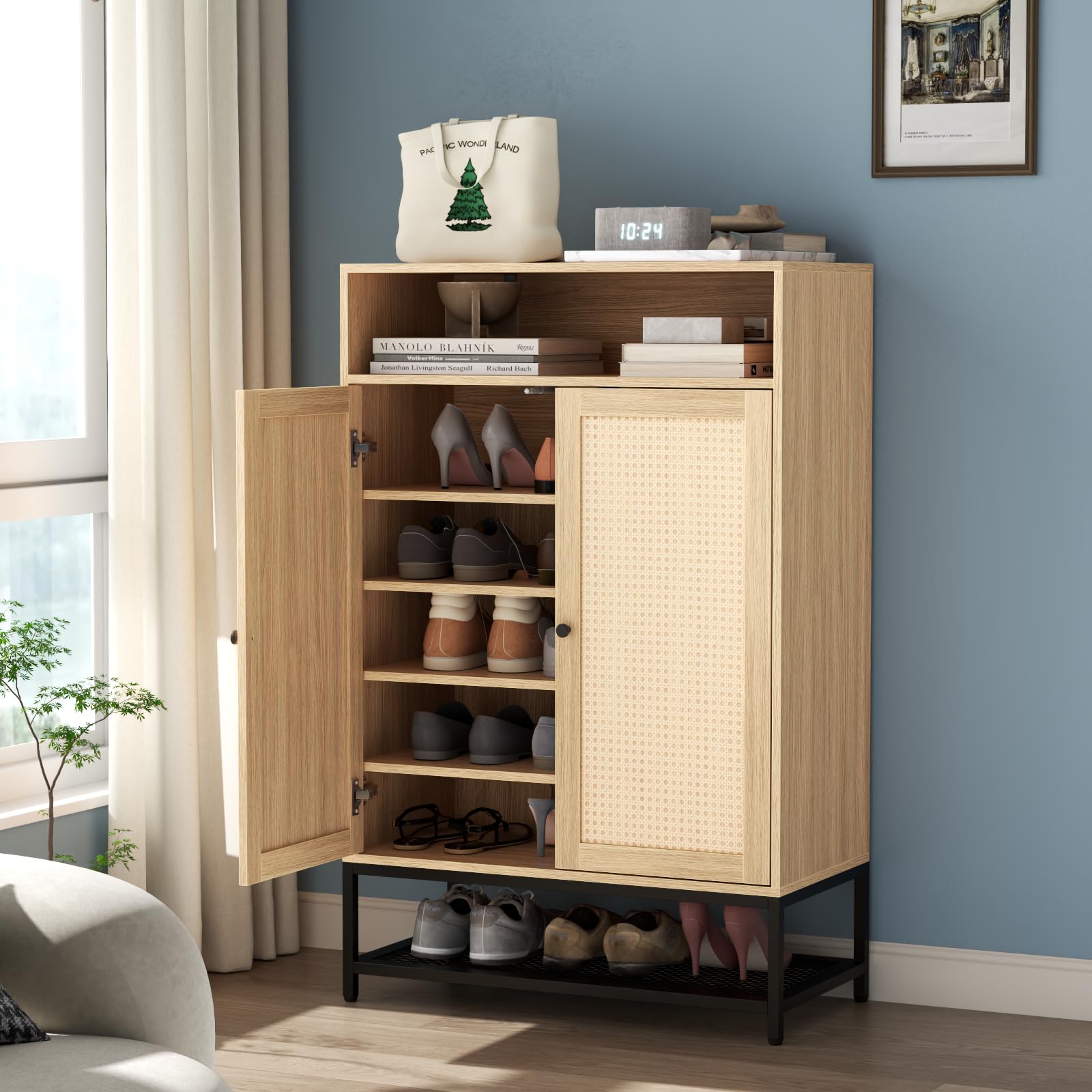 7-Tier Rattan Shoe Cabinet with Adjustable Shelves - Entryway Shoe Storage Organizer for 20 Pairs - Natural Woven Shoe Rack for Hallway, Closet & Living Room - Perfect for Small Space Organization & Home Décor