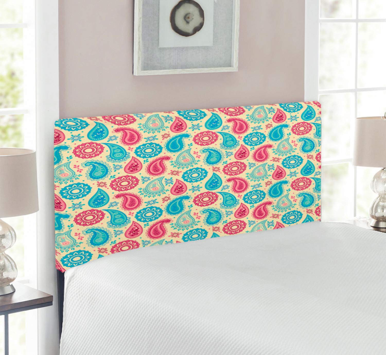 Ambesonne Paisley Headboard - Retro Floral Pattern Upholstered Metal Bed Frame with Memory Foam | Twin Size Turquoise Pink Cream | Perfect for Bohemian Bedroom Decor & Guest Room Makeover