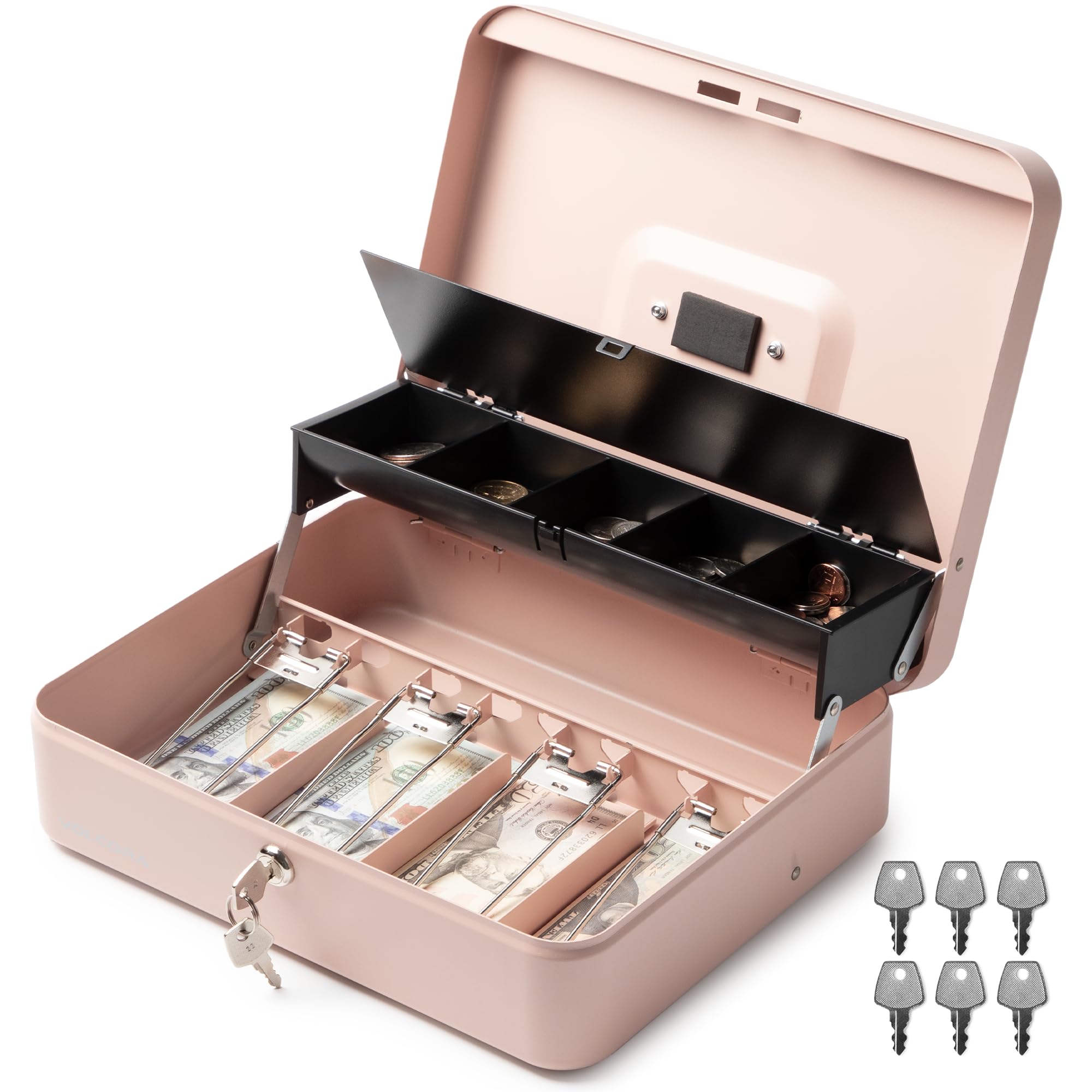 Volcora Large Cash Box with Key Lock - Metal Money Storage Safe Box with Money Tray | Portable & Durable Cash Organizer for Small Business, Yard Sales, Garage Sales | Perfect for Retail Stores, Events, and Home Security (Rose Gold)