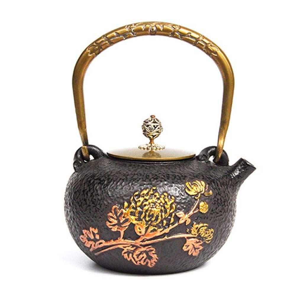 JHSHENGSHI 1.2L Cast Iron Teapot with Copper Handle - Retro Ceramic Tea Kettle Set, Uncoated Oxidized Inner Wall & Daisy Pattern - Perfect for Japanese Tea Ceremony, Home Decor, or Gift Giving