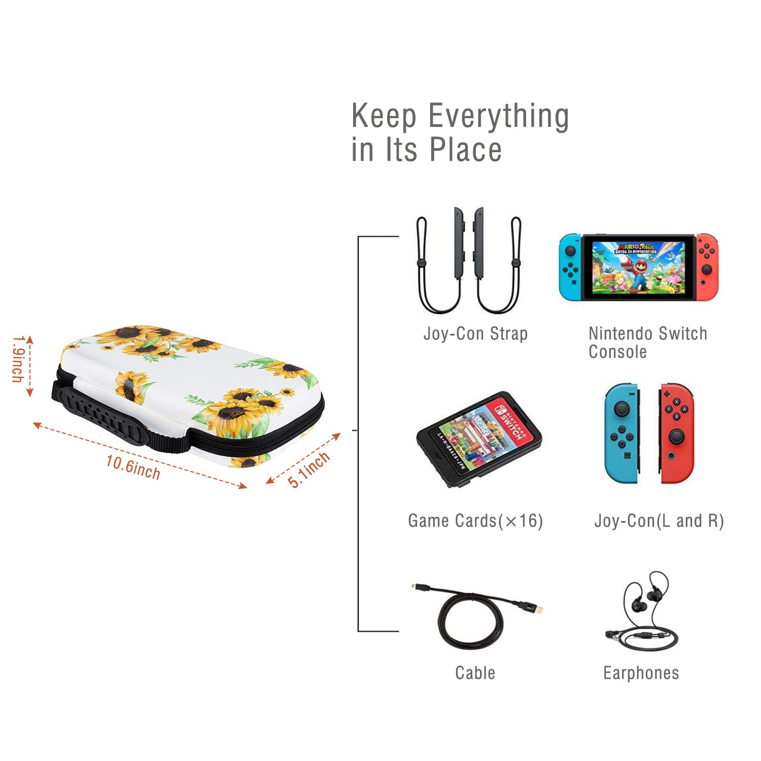 Lokigo Nintendo Switch OLED Case - Hard Shell Travel Carrying Case for Nintendo Switch & Switch OLED - Portable Pouch Bag with 16 Game Card Slots - Protective Cover for Boys & Girls - Perfect for Travel, Commuting & Gaming On-The-Go - Sunflower Design