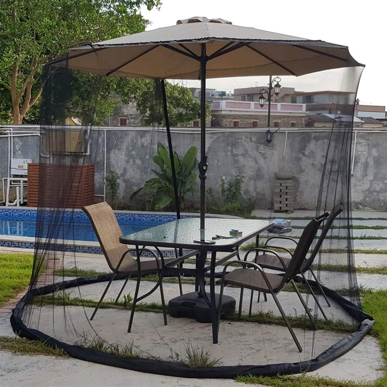 Olaffi Mosquito Net for Patio Umbrella - Polyester Mesh Screen with Zipper Door & Adjustable Rope - Fits 9-9.8 FT Outdoor Umbrellas & Tables - Perfect for Backyard, Deck, and Poolside Protection