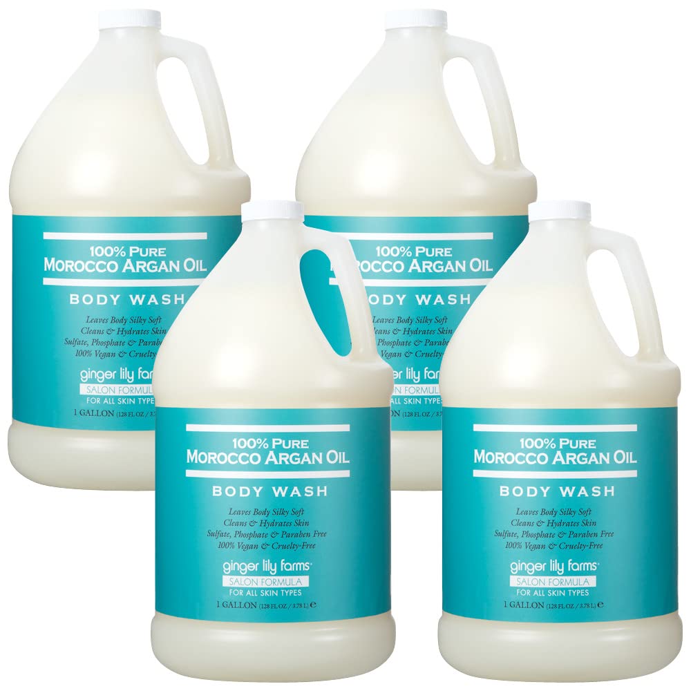 Ginger Lily Farms Salon Formula 100% Pure Moroccan Argan Oil Body Wash - Vegan & Cruelty-Free for All Skin Types - 1 Gallon Refill (Pack of 4) - Hydrating Shower Gel for Dry, Sensitive Skin - Perfect for Spa, Salon & Home Use
