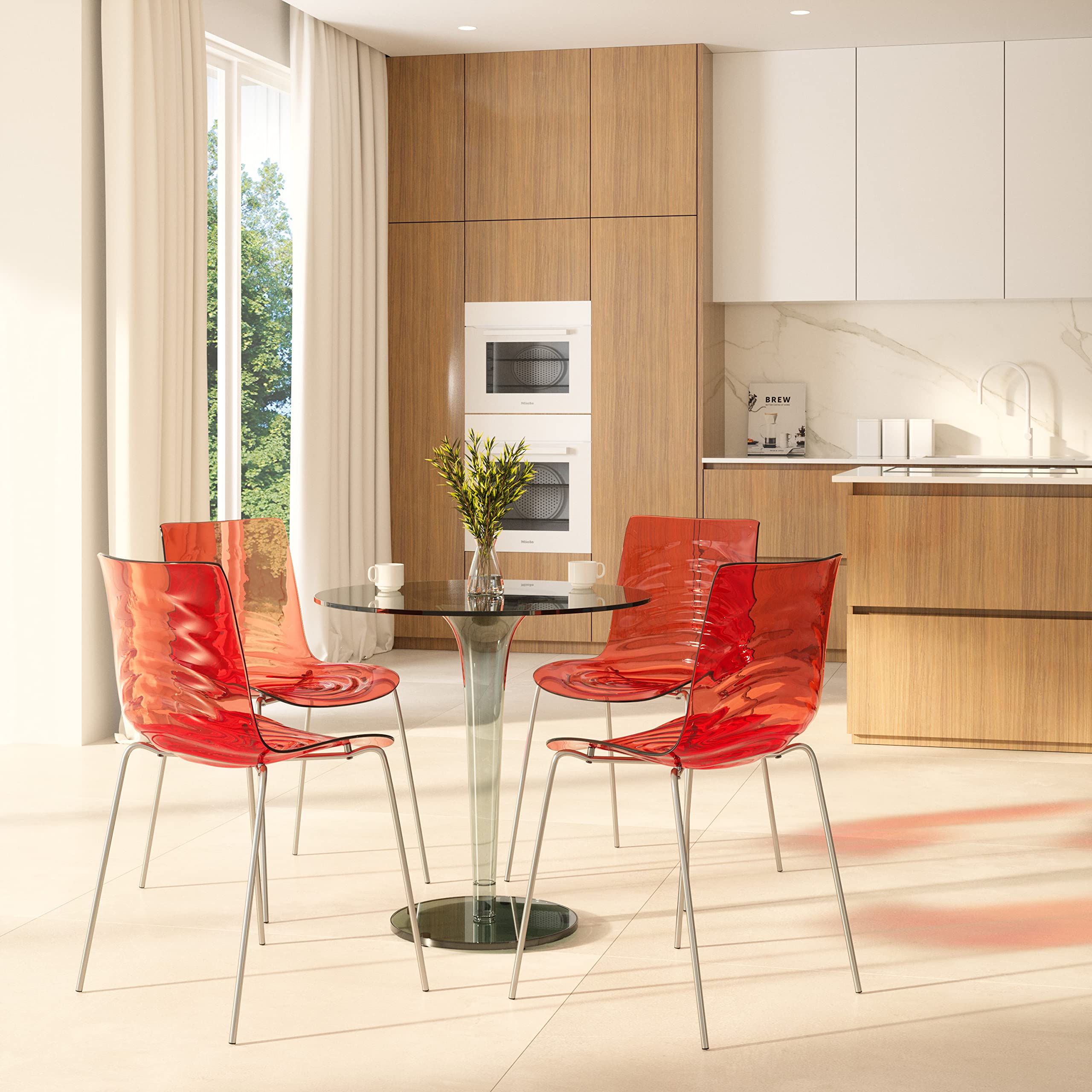 LeisureMod Astor Modern Acrylic Side Chair with Water Ripple Design & Chrome Metal Legs - Set of 2 Transparent Red Accent Chairs for Dining Room, Kitchen, Office or Small Spaces - Perfect for Contemporary Home Decor & Compact Living Areas