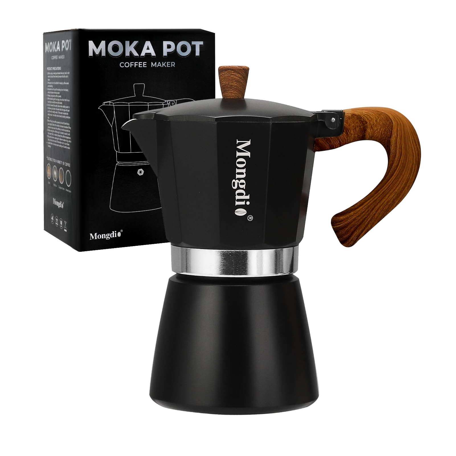 Mongdio Stovetop Espresso Maker Moka Pot - 10 oz Italian Coffee Maker for Cuban & Espresso Brewing - 6 Cup Aluminum Percolator for Stove Top - Perfect for Home, Office & Camping (Black)