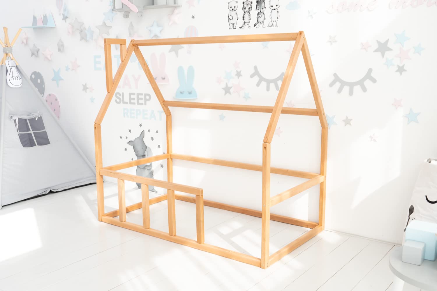 Montessori Toddler Floor Bed with Rails - Twin/Full/Queen/King Size - Kids Bedroom Furniture for Sweet House
