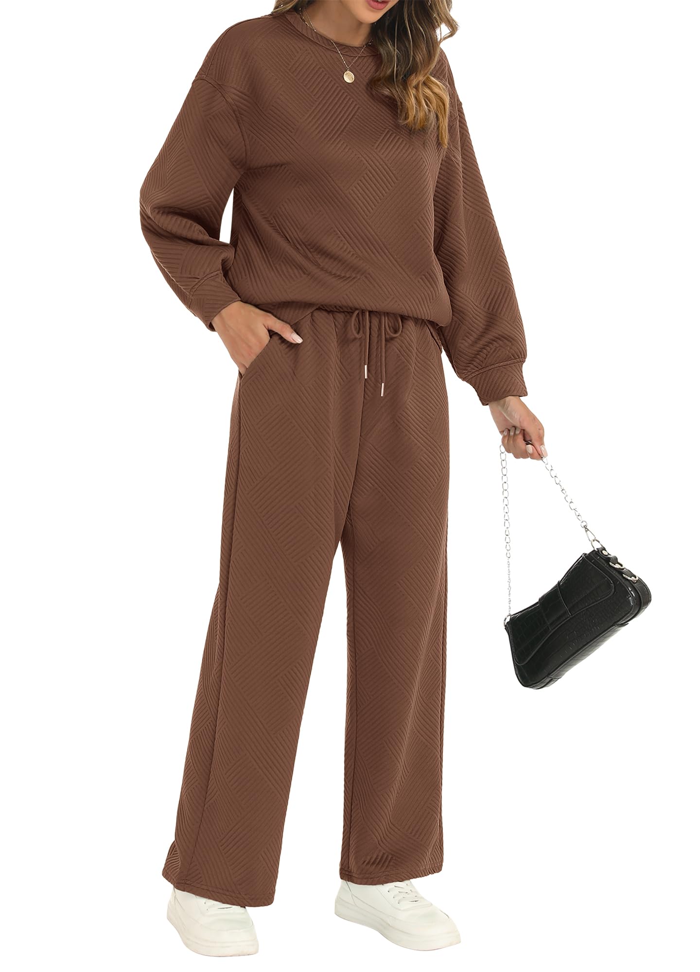 Women's 2-Piece Fall Outfit Set - Long Sleeve Pullover Top & Drawstring Wide Leg Lounge Pants | Cozy Textured Sweatsuit for Casual Wear, Home Relaxing & Autumn Fashion