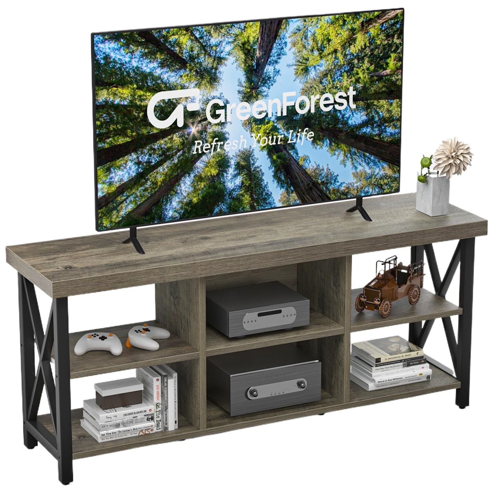 GreenForest 65 Inch TV Stand with 6 Storage Cabinets - Farmhouse Industrial Entertainment Center for Living Room, Gray | Perfect for Home Theater Setup & Living Room Organization