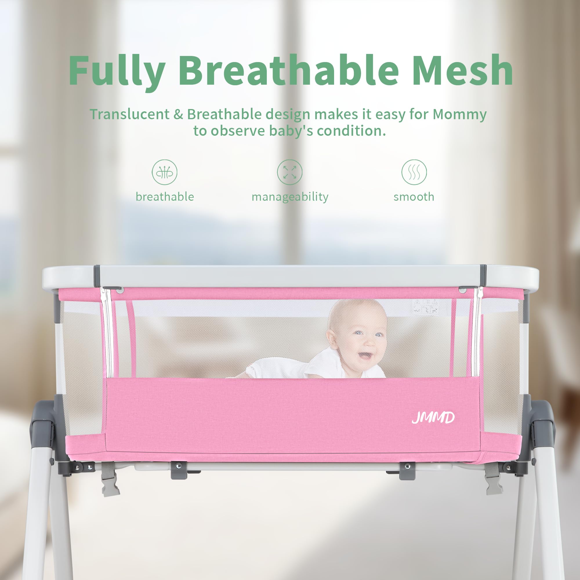 JMMD 3-in-1 Adjustable Baby Bassinet Bedside Sleeper - 6 Height Levels, Foldable & Portable Crib for Newborns & Infants (Pink) | Perfect for Nursery, Bedroom Co-Sleeping & Travel
