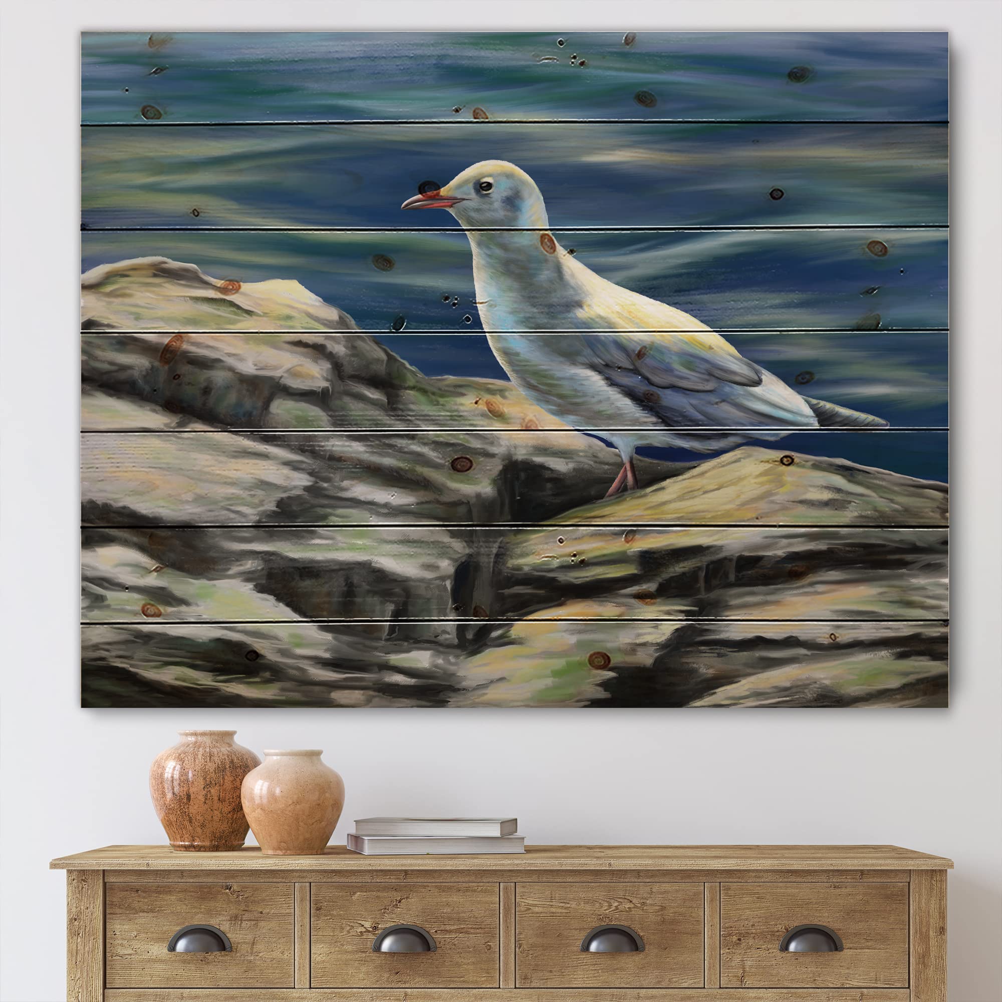 Seagull Birds By The Sea - Coastal Wood Wall Art Decor, Blue Nautical Animal Wall Panels Printed on Natural Pine Wood - Perfect for Beach House, Living Room & Coastal Home Decor