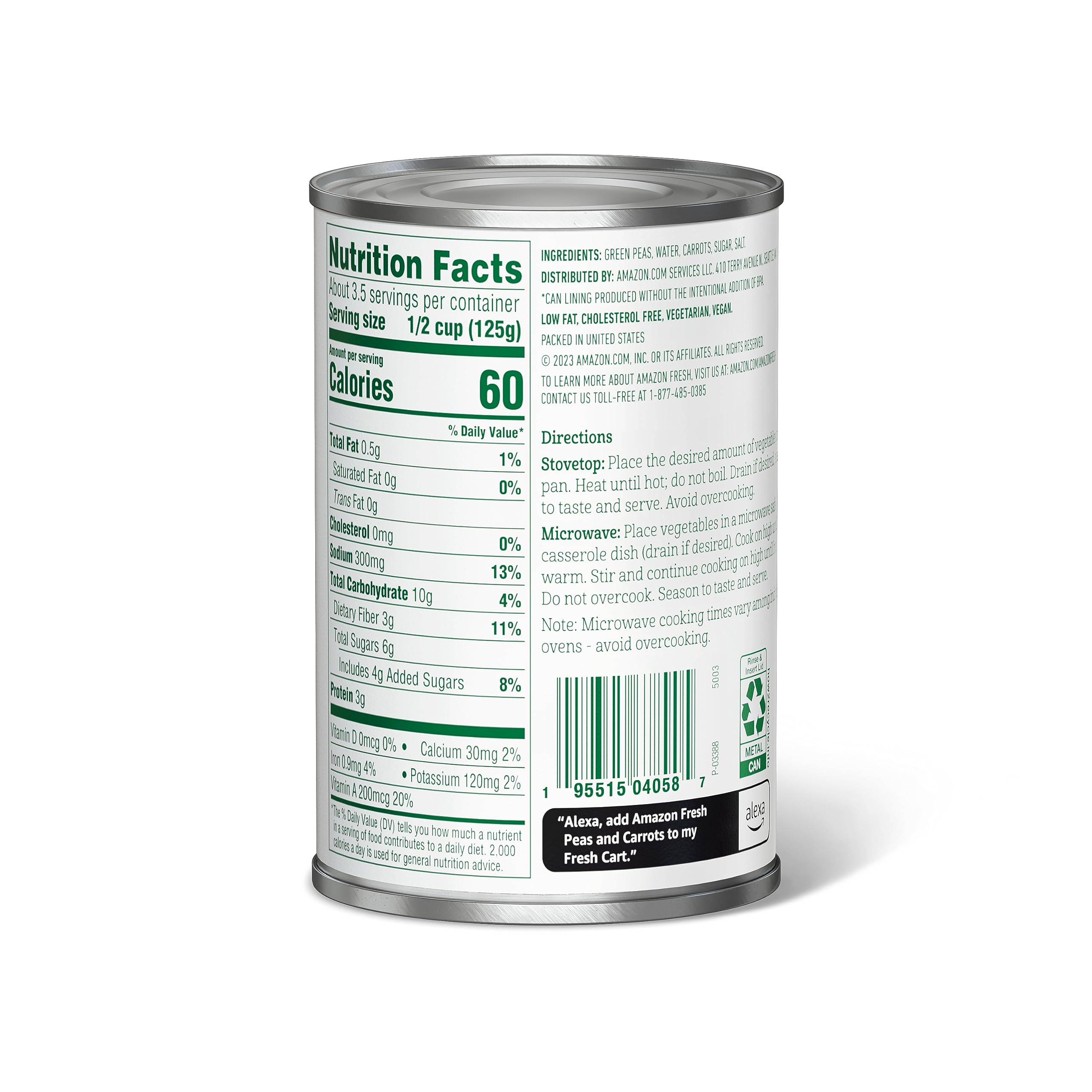 Amazon Fresh Canned Peas and Carrots - 15 Oz (Pack of 12) | No Salt Added, Non-GMO, Gluten-Free | Perfect for Salads, Soups, and Quick Meals