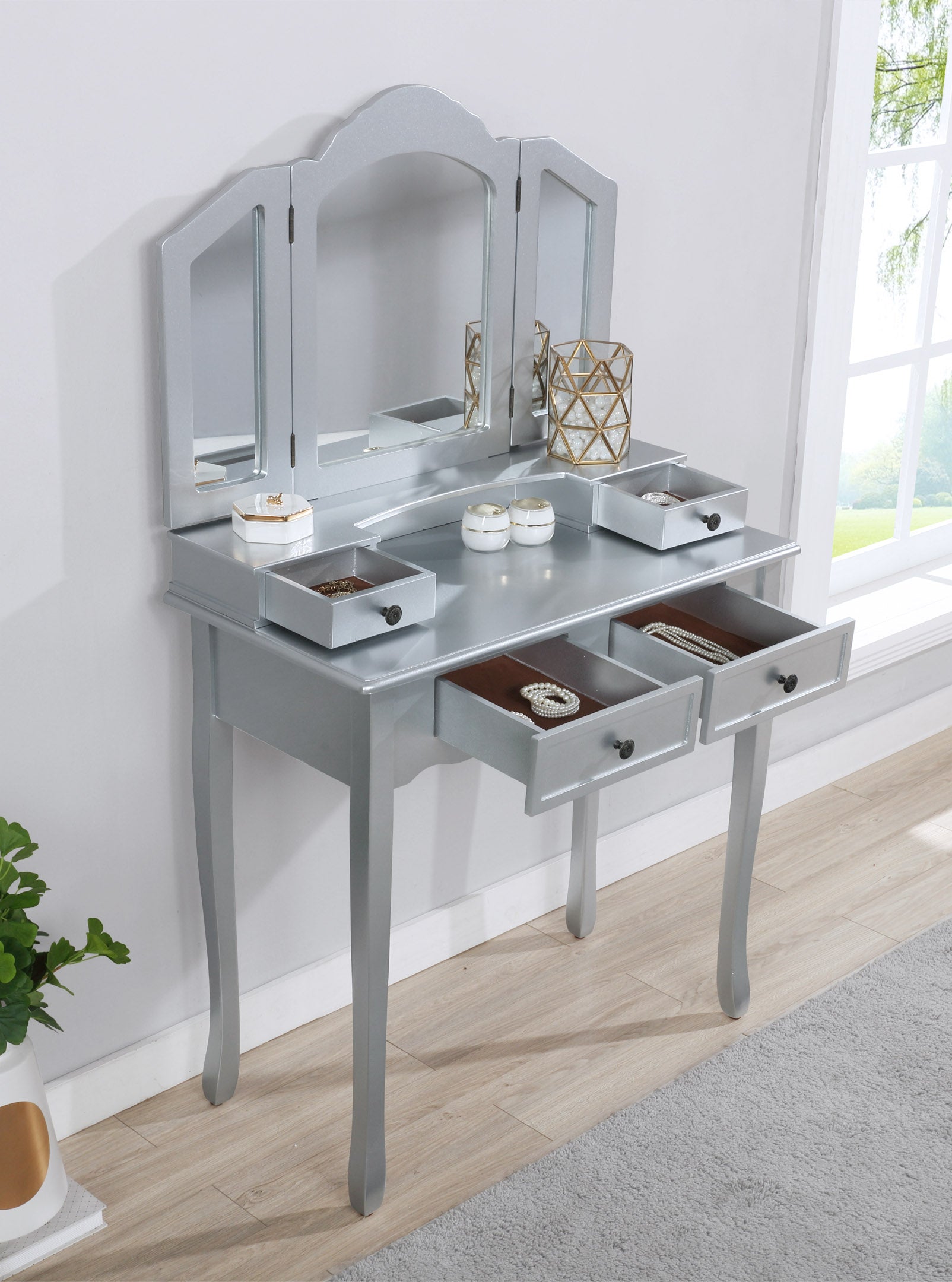 Roundhill Furniture Sanlo Wooden Vanity Set with Stool - Silver Finish Makeup Dressing Table for Bedroom & Bathroom | Elegant Vanity Desk with Mirror for Women & Girls