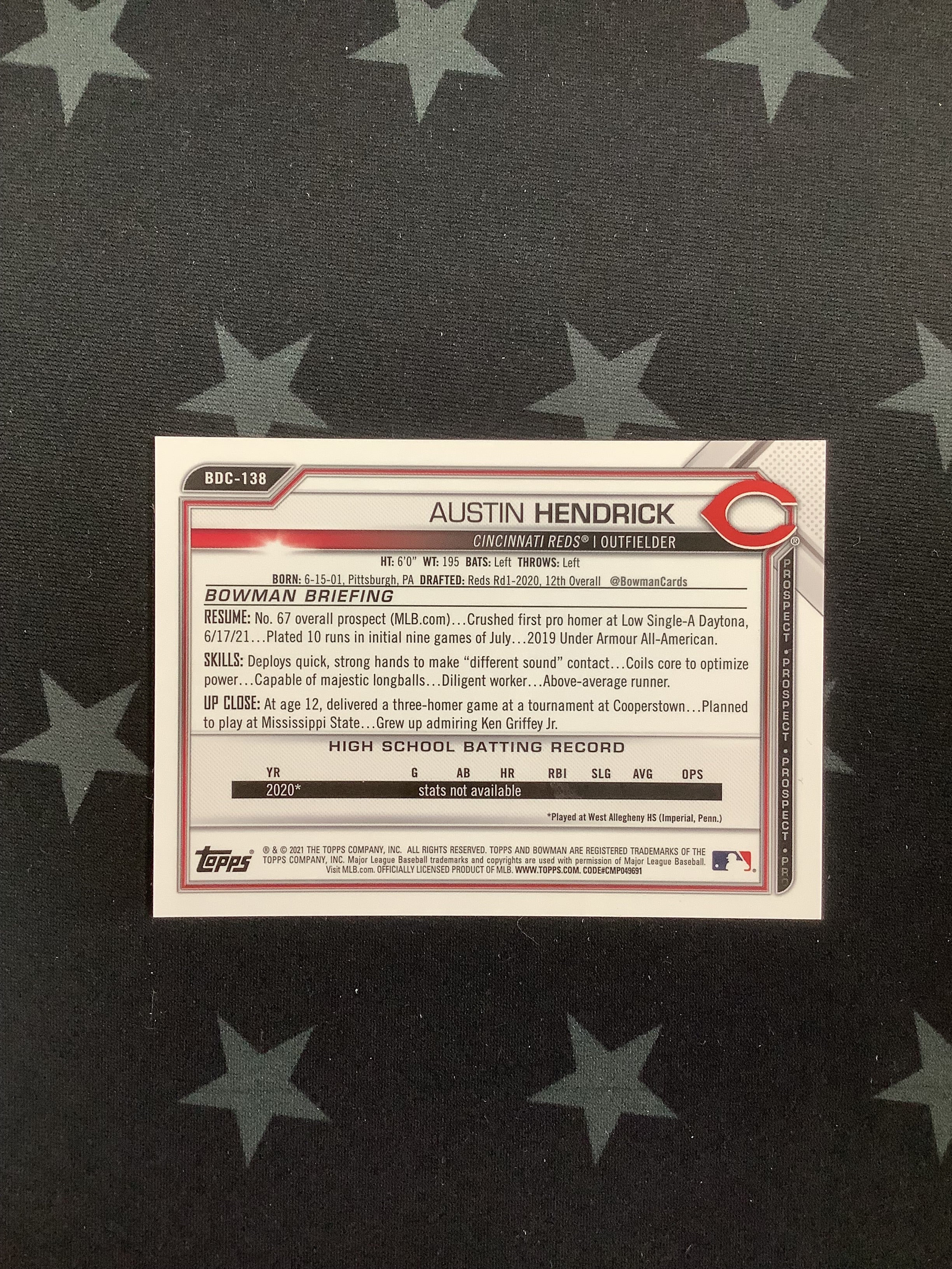 2021 Bowman Chrome Baseball Sapphire Aqua Austin Hendrick #BDC 138 /20 – Rare Baseball Card for Collectors & Investors – Perfect for Trading, Display, and Sports Memorabilia Collections