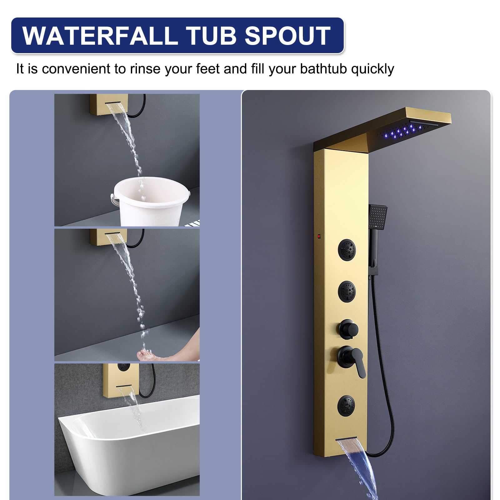 ROVATE 5-in-1 Stainless Steel Shower Panel Tower System - Brushed Gold LED Rainfall Shower with Waterfall, Massage Jets & Handheld Sprayer - High Pressure Bathroom Shower Column with Tub Spout for Luxurious Spa Experience at Home
