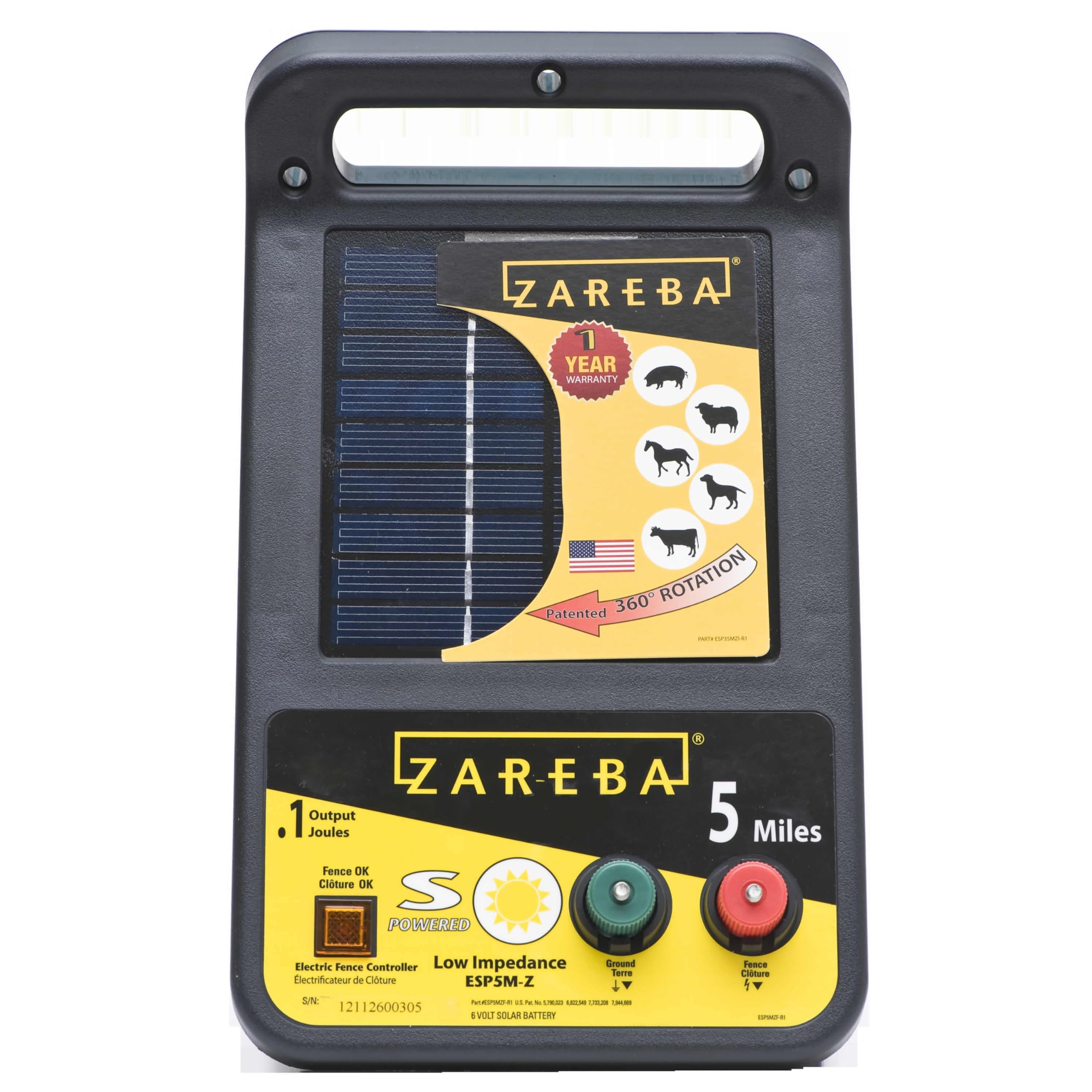 Zareba ESP5M-Z 5 Mile Solar Powered Electric Fence Charger - Low Impedance Animal Containment Energizer for Livestock Protection & Predator Control (Black) - Ideal for Farms, Ranches & Pastures