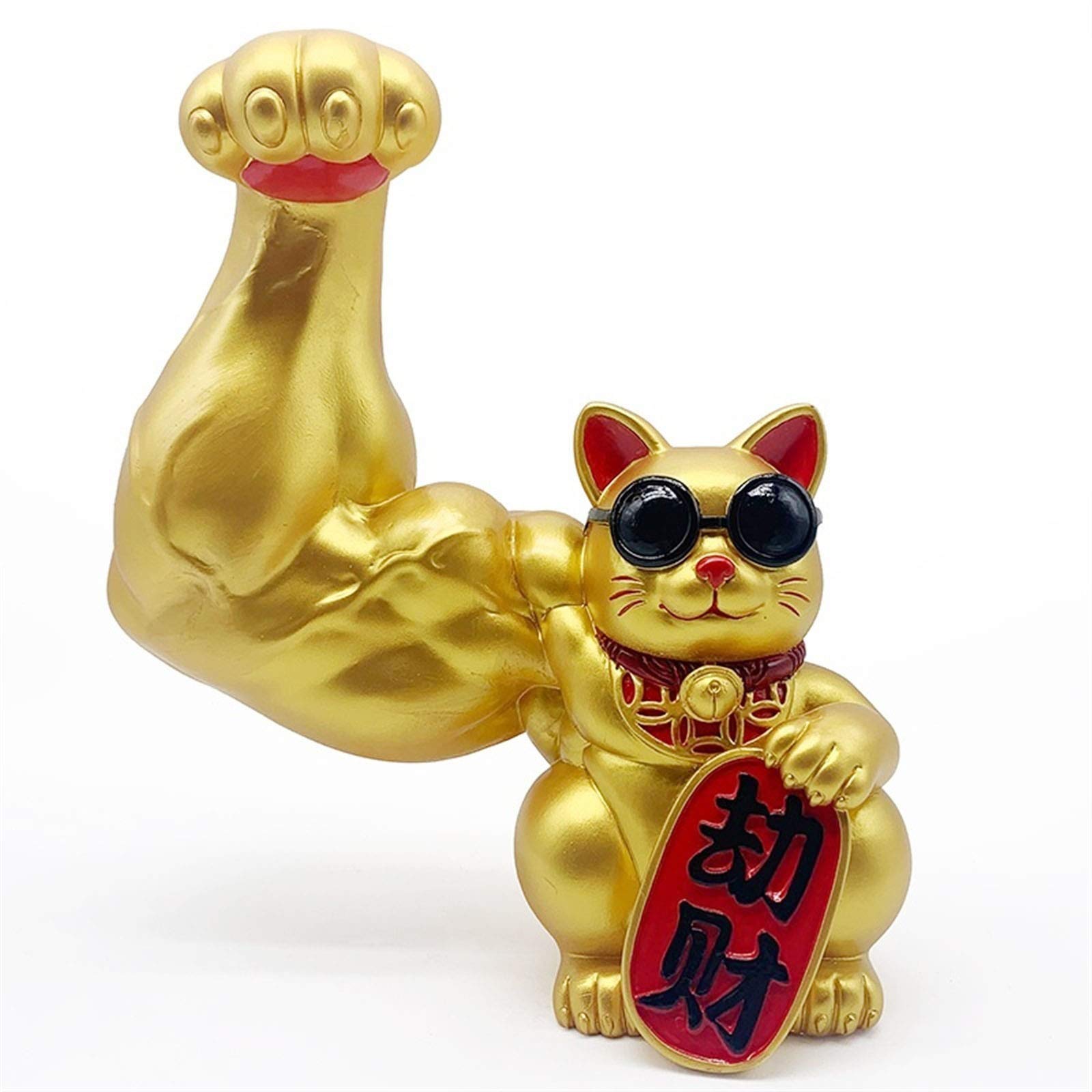 Gold Lucky Cat Statue - Fortune Welcoming Wealth Decoration for Home & Office | Strong Giant Arm Muscle Arm Opening Gift | Perfect for Feng Shui, Desk Decor & Good Luck Gifts