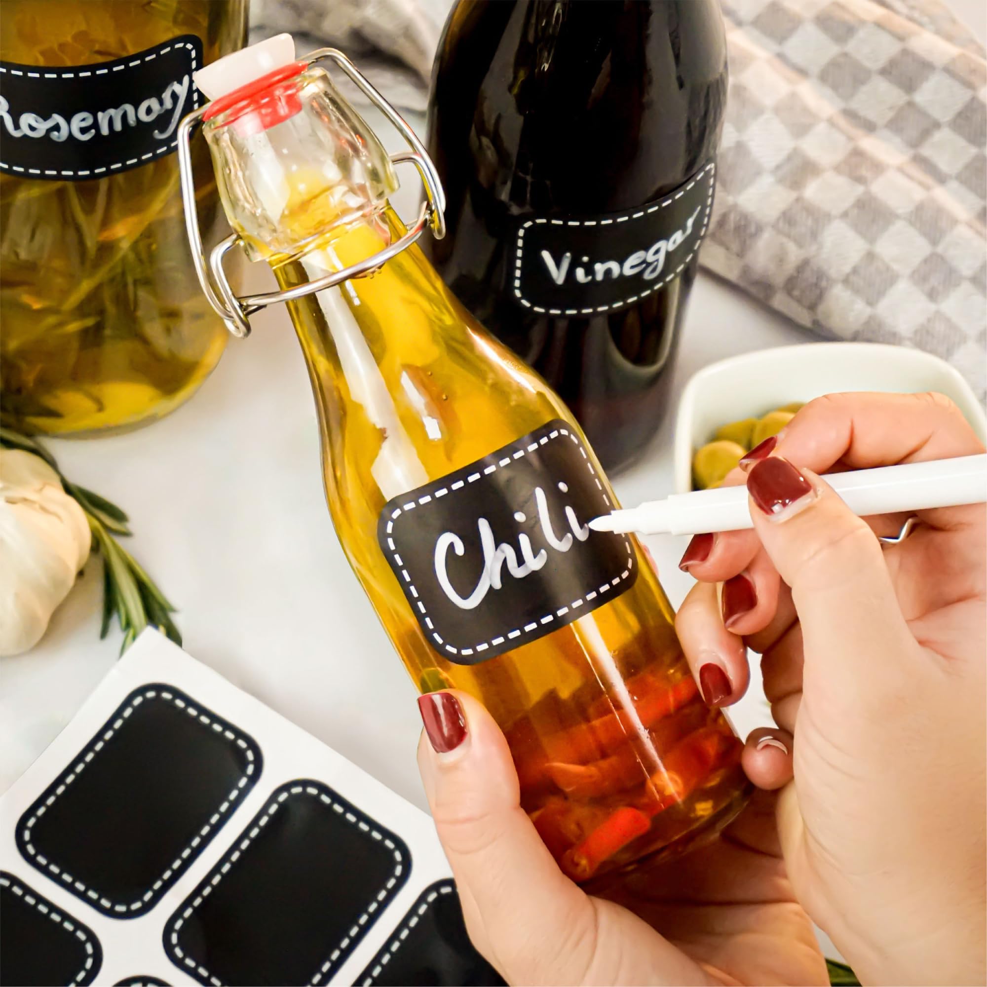 6-Pack 8oz Swing Top Glass Bottles with Airtight Flip Top Lids - Includes 12 Labels & Pen - Dishwasher Safe - Perfect for Homemade Kombucha, Cold Brew Coffee, and Juice Storage