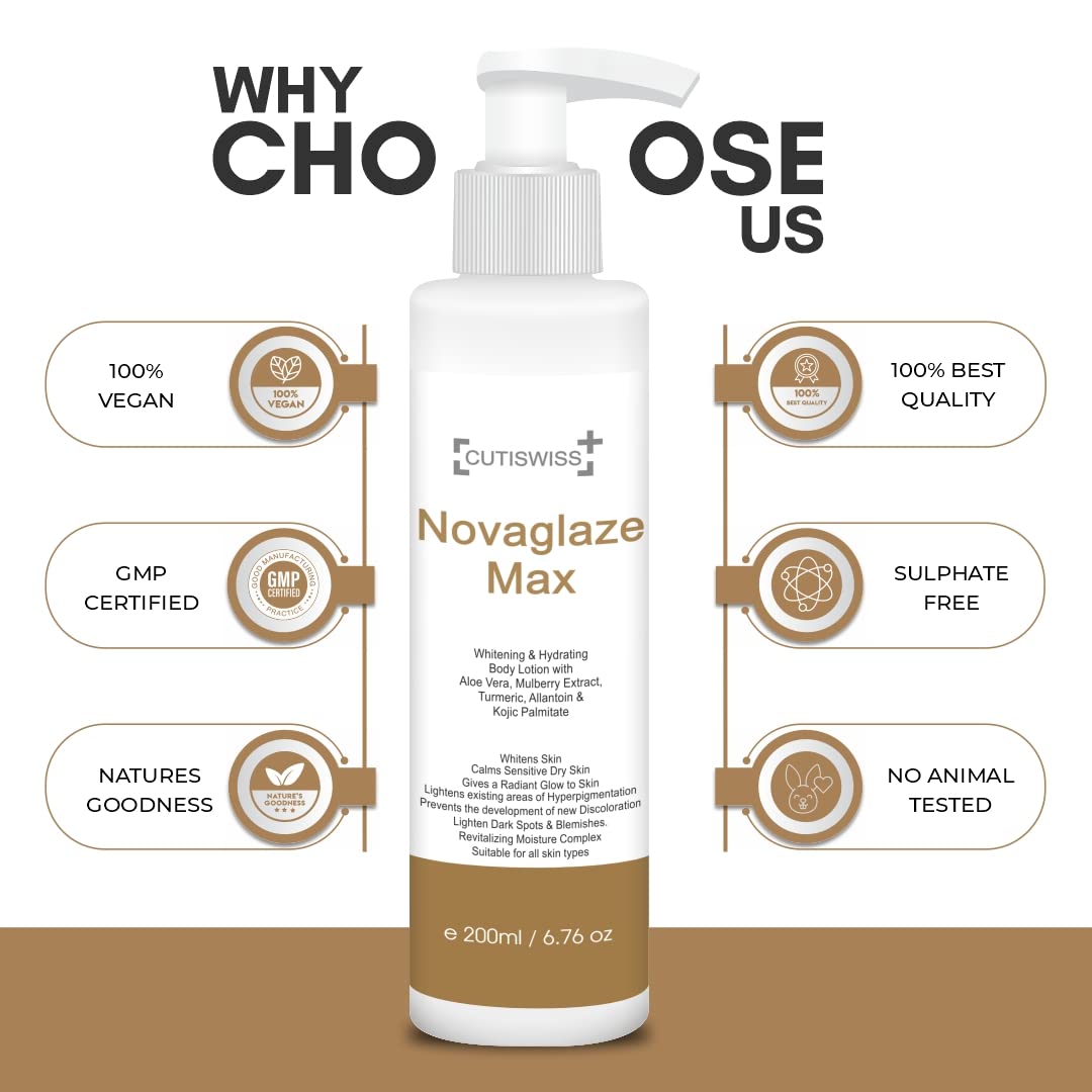 Cutiswiss Skin Whitening Body Lotion with Kojic Acid, Turmeric & Mulberry Extract | Brightening Moisturizer for Men & Women | 200ml | Daily Hydration for Even Skin Tone | Perfect for Face & Body Care Routine