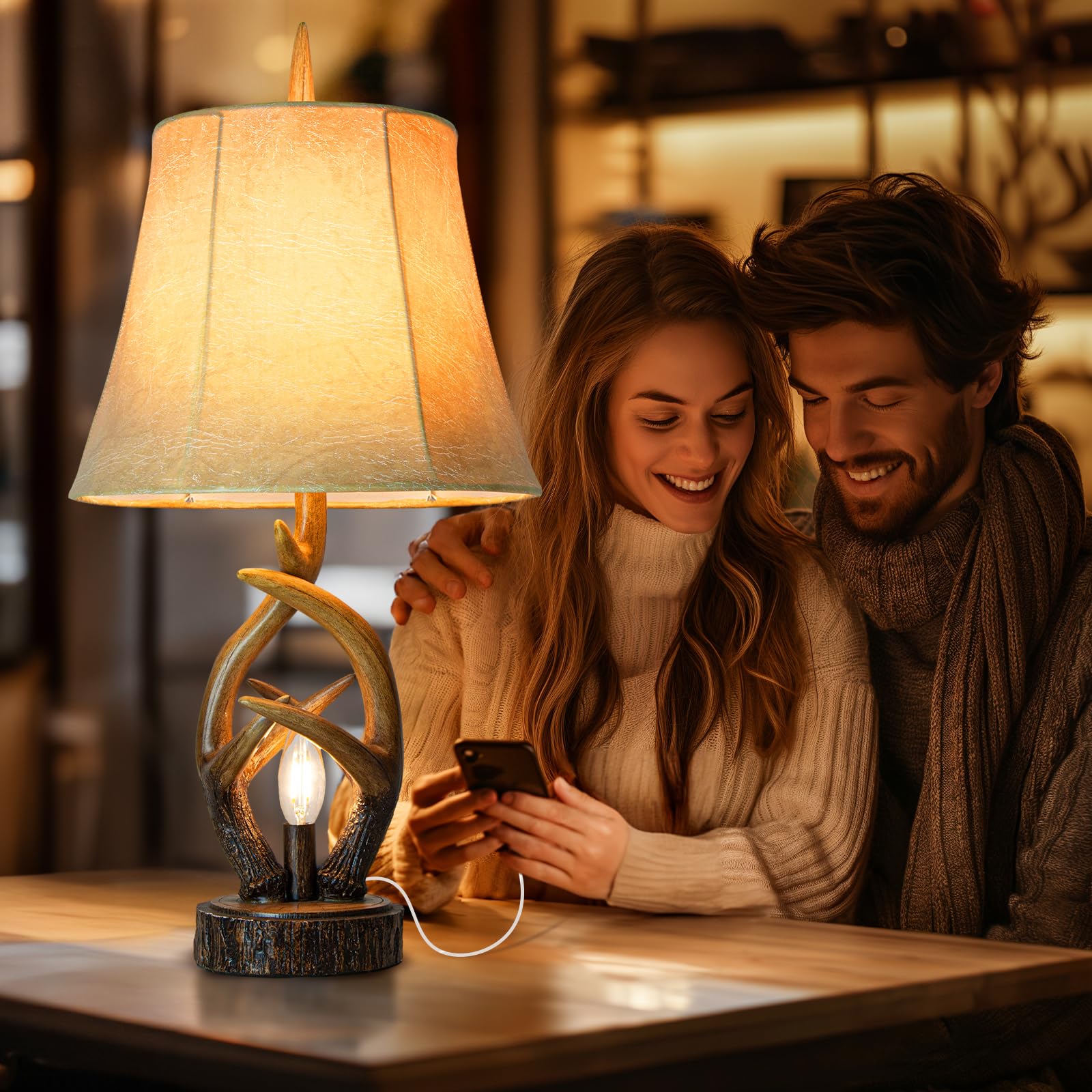 Rustic Farmhouse Antlers Nightstand Lamp Set of 2 - Brown Leather Shade with Dual USB Ports & Nightlight - Bedside Table Lamps for Living Room, Bedroom, Office, Hotel Decor | Perfect for Cozy Reading Nooks and Warm Ambient Lighting