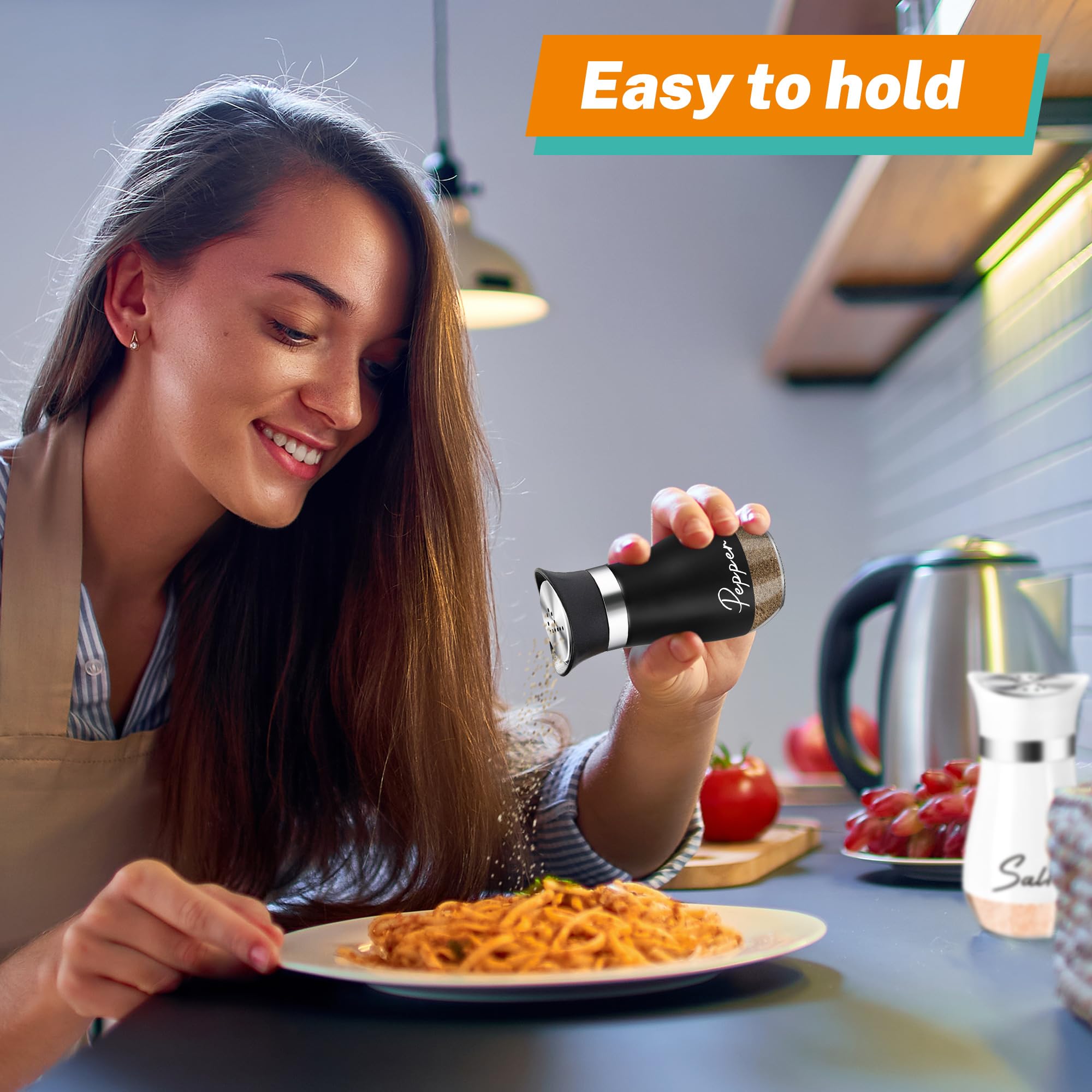 Premium 4 oz Glass Salt and Pepper Shakers Set with Stainless Steel Lids - Refillable Kitchen Essentials for Cooking, Dining Table, RV Camping & BBQ (White + Black) - Ideal for Home, Restaurant & Outdoor Use