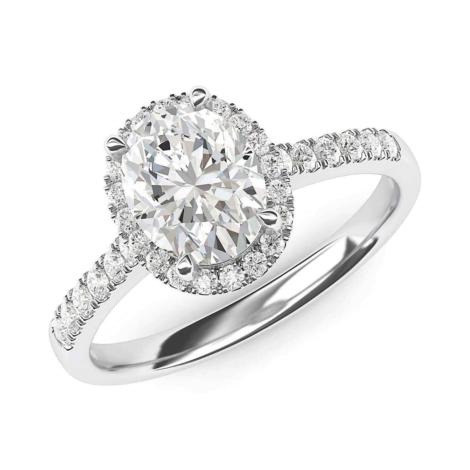 10K White Gold Oval Cut Simulated Diamond or Moissanite Halo Engagement Ring with Side Stones - Perfect Promise Ring for Bridal, Wedding & Anniversary Gifts