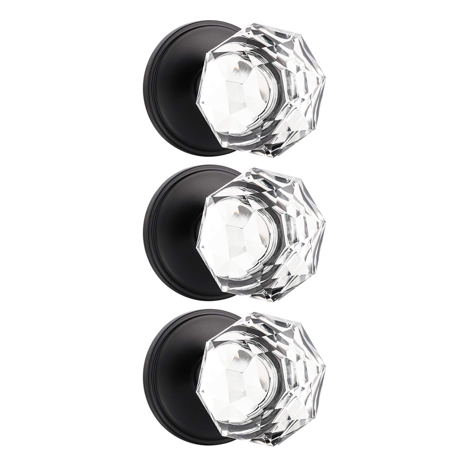 3 Pack Crystal Door Knobs - Diamond Faceted Glass with Black Rosette for French Doors & Closets
