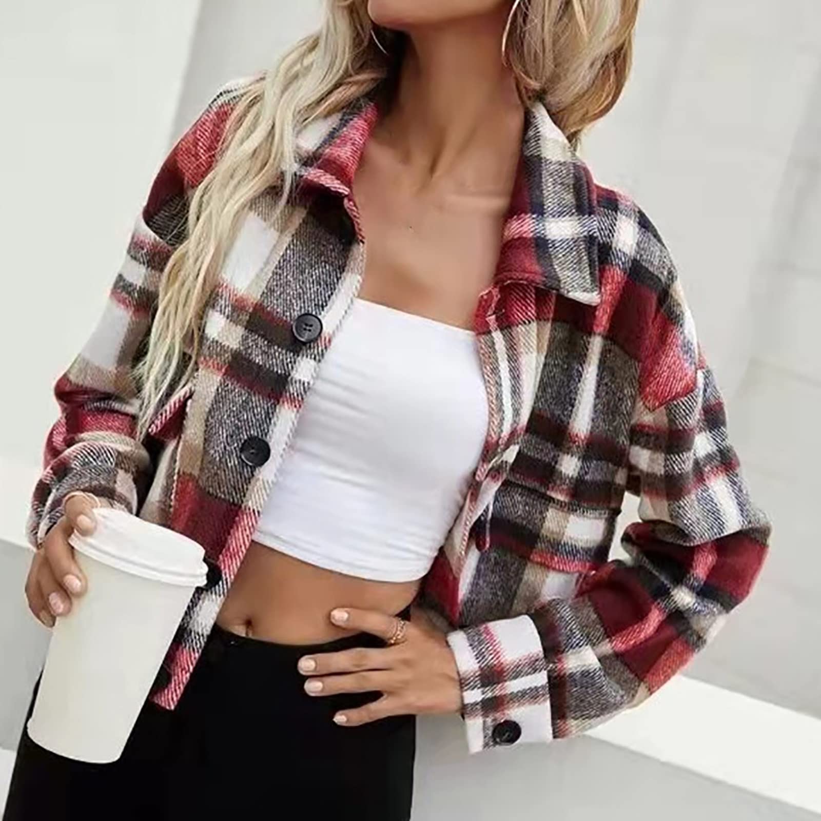 Women's Plaid Lapel Blouse - Stylish Long Sleeve Button Down Shirt with Crop Jacket Design for Spring & Fall | Casual Office Wear, Date Night Outfits & Everyday Fashion Outerwear
