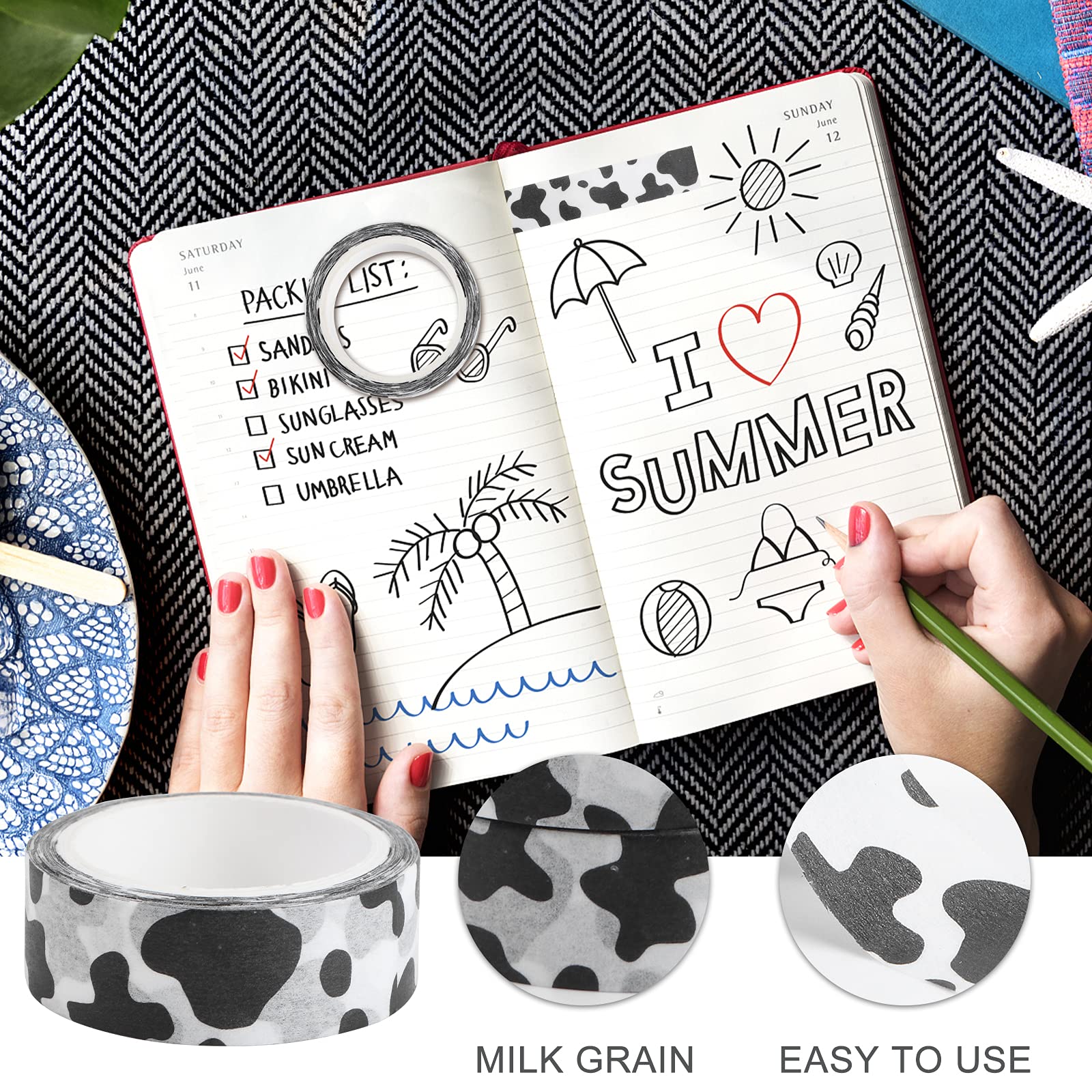 LUOZZY 5 Pcs Cow Print Washi Tape Set - Adhesive Decorative Paper Tape for DIY Scrapbooking, Journaling, Notebook Decoration - Perfect for Bullet Journals, Gift Wrapping & Craft Projects