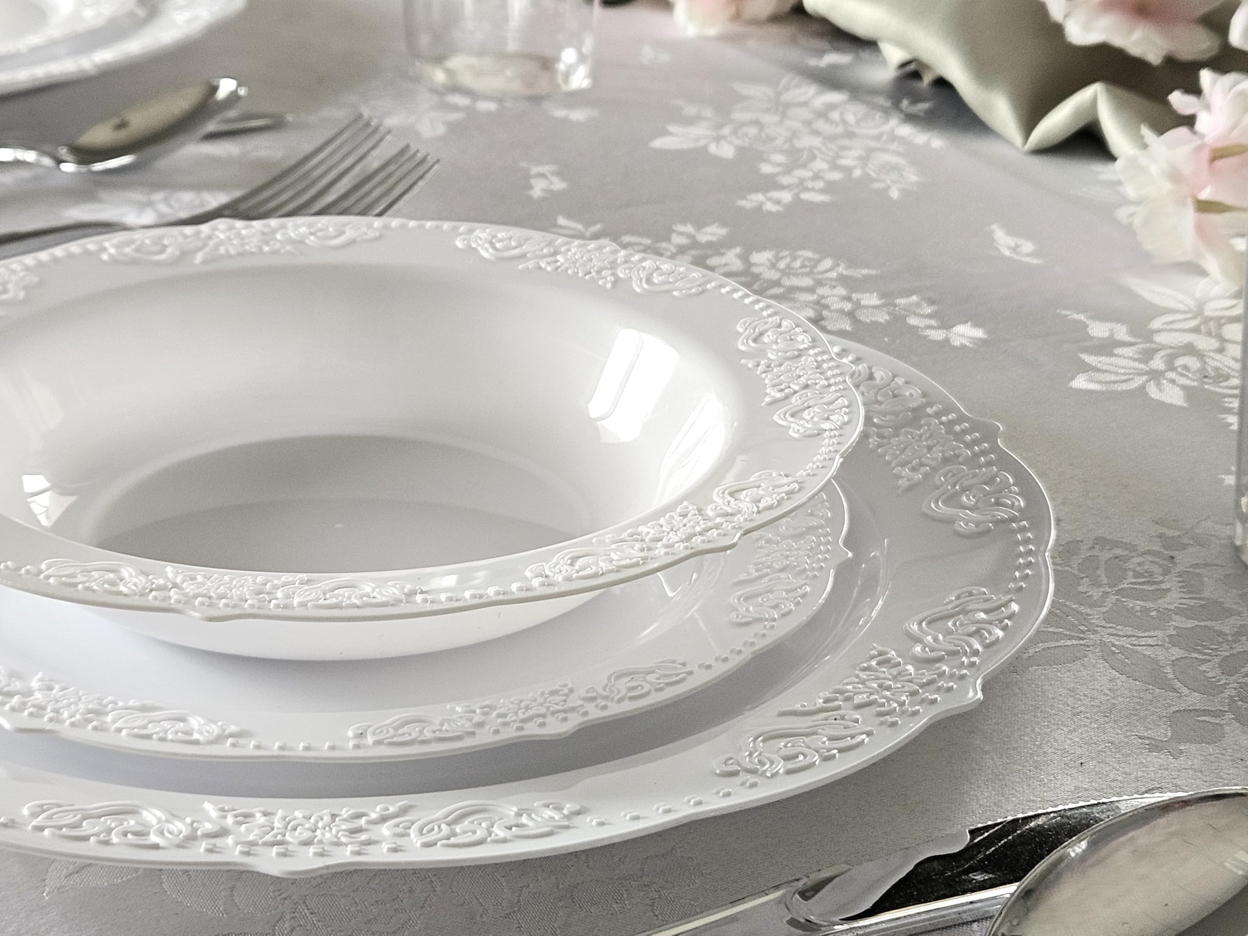 120-Piece Vintage Style Disposable Plastic Plates & Bowls Set - 10oz White Soup Bowls for Wedding, Party & Special Occasions | Elegant Dinnerware for Catering, Picnics & Events