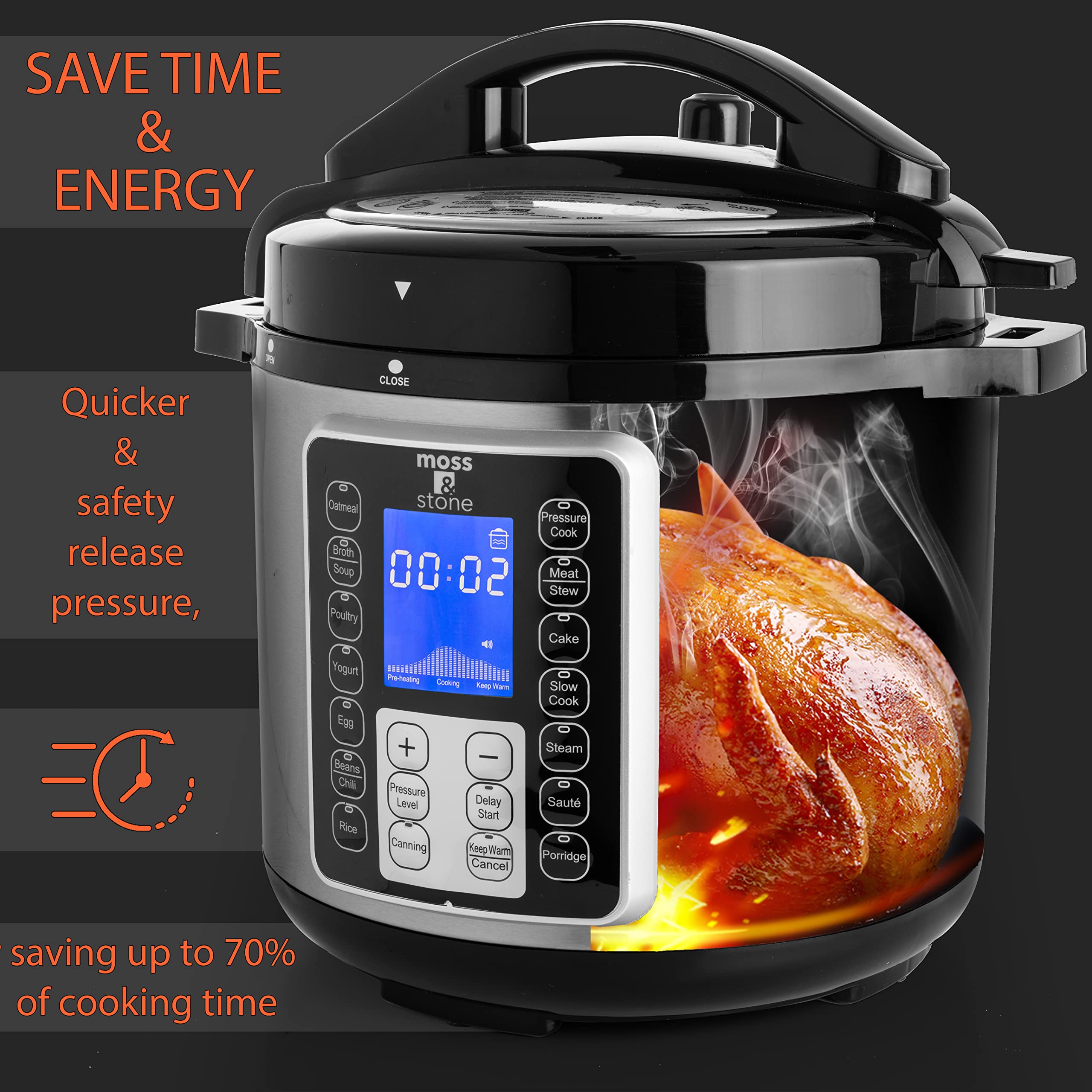 Moss & Stone 6 Quart Electric Pressure Cooker with Large LCD Display - 14-in-1 Multi-Cooker for Slow Cooking, Rice, Steaming, Sautéing, Yogurt & Egg Cooking | Perfect for Meal Prep, Family Dinners & Healthy Cooking at Home