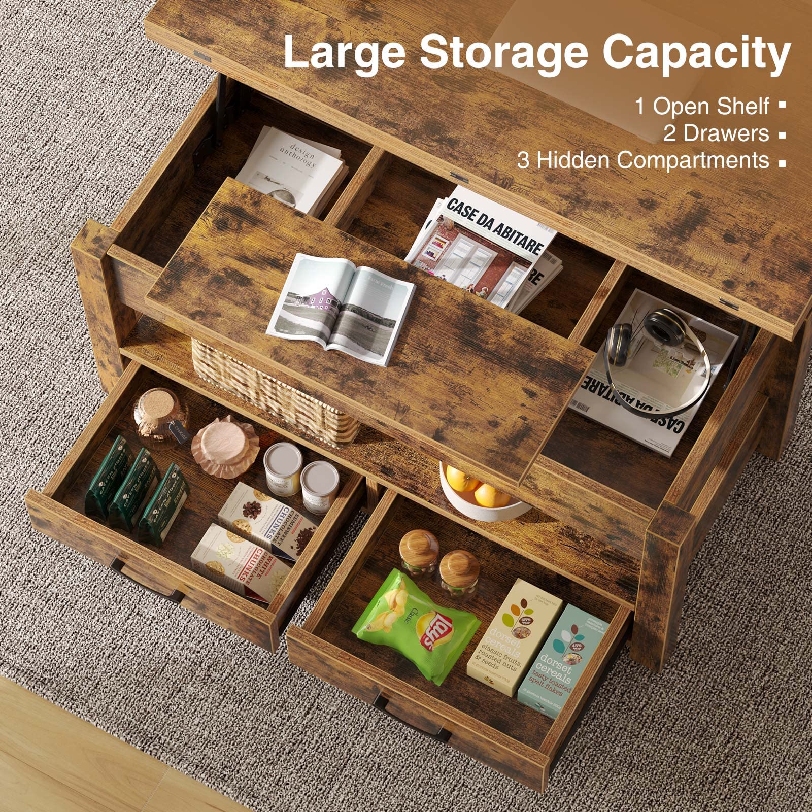 Rolanstar Lift Top Coffee Table with Drawers - Convertible Rustic Brown Coffee to Dining Table - Hidden Storage Compartment - Perfect for Living Room, Home Office & Small Spaces