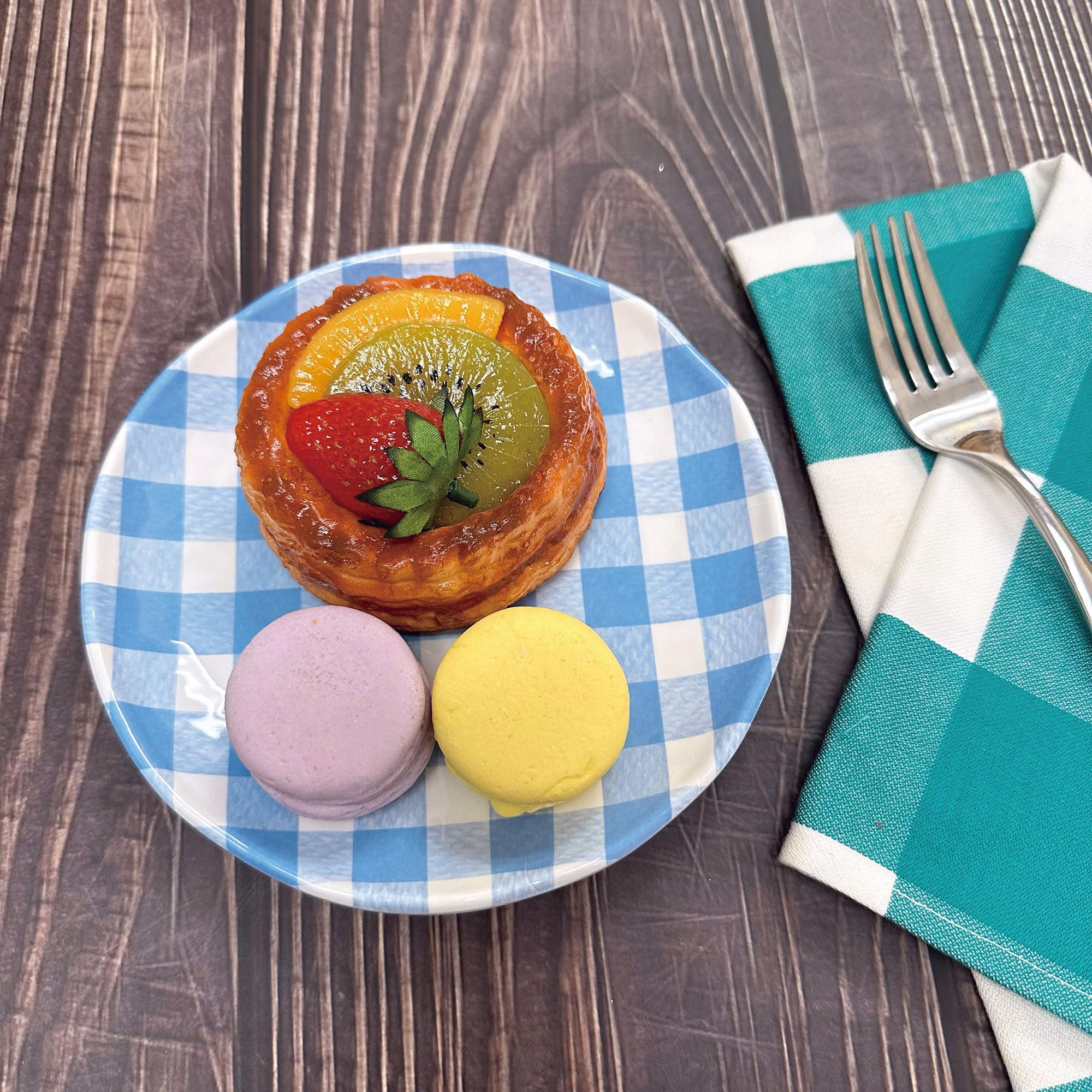 UPware Gingham Melamine Round Dessert Plates - 6 Inch Small Serving Plates for Appetizers, Snacks & Side Dishes - Set of 4 Blue Checkered Plates - Perfect for Picnics, Parties & Outdoor Dining