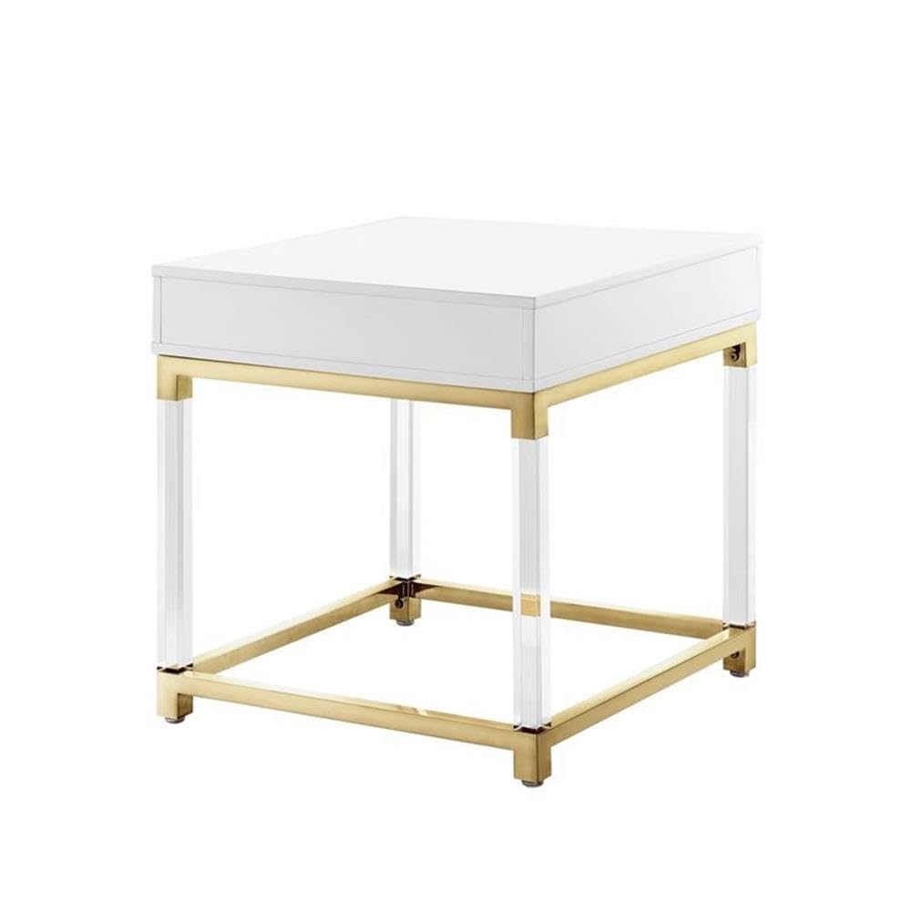 Briar 1-Drawer Metal End Table with Acrylic Legs in White & Gold - Modern Nightstand, Living Room Side Table, Bedroom Accent Table for Small Spaces