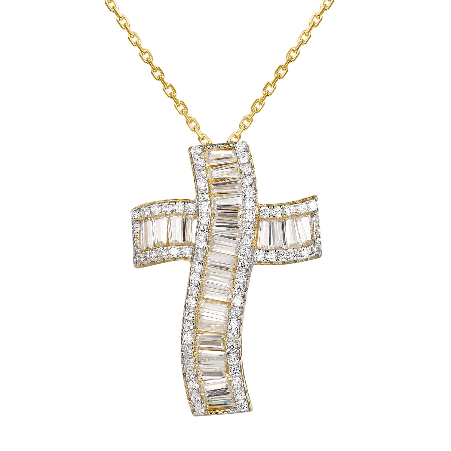Wave Style Baguette Cross Pendant Necklace - 18 Inch Gold/ Silver Designer Jewelry for Women, Perfect for Everyday Wear, Gifts & Special Occasions