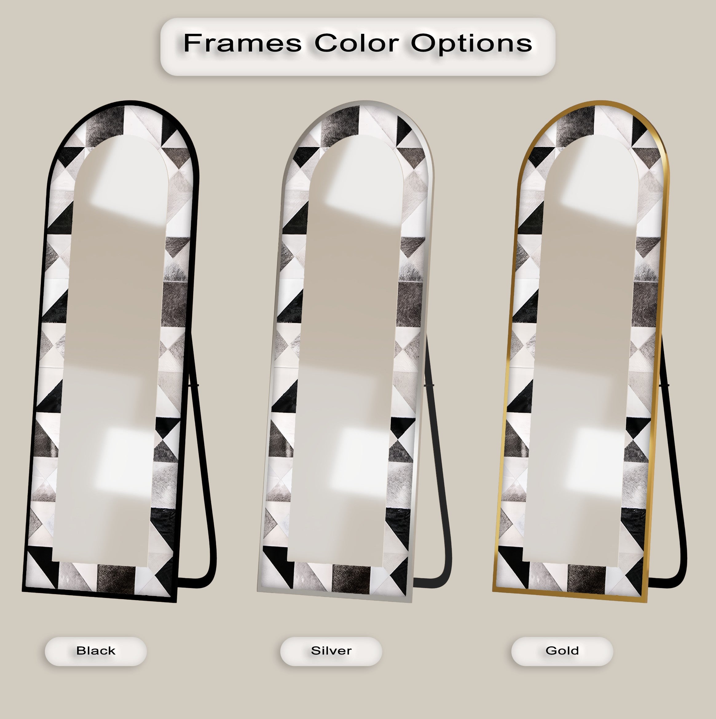 Black and White Patchwork Arch Floor Mirror - Full Length Standing Mirror for Bedroom, Living Room & Entryway Decor